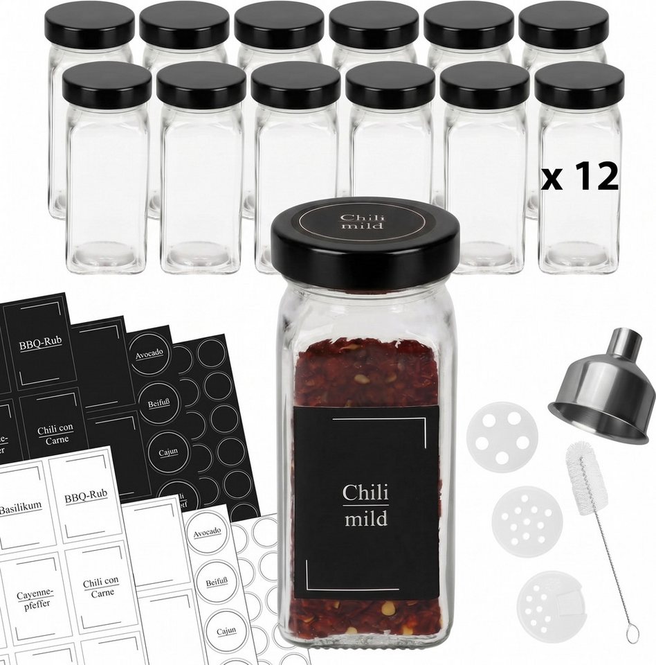 VonBueren Gewürzstreuer Gewürzgläser Set, eckig leer, 120 ml, Edelstahldeckel schwarz, (12-tlg), schwarze Edelstahldeckel, Streueinsätze, individuell beschriftbar
