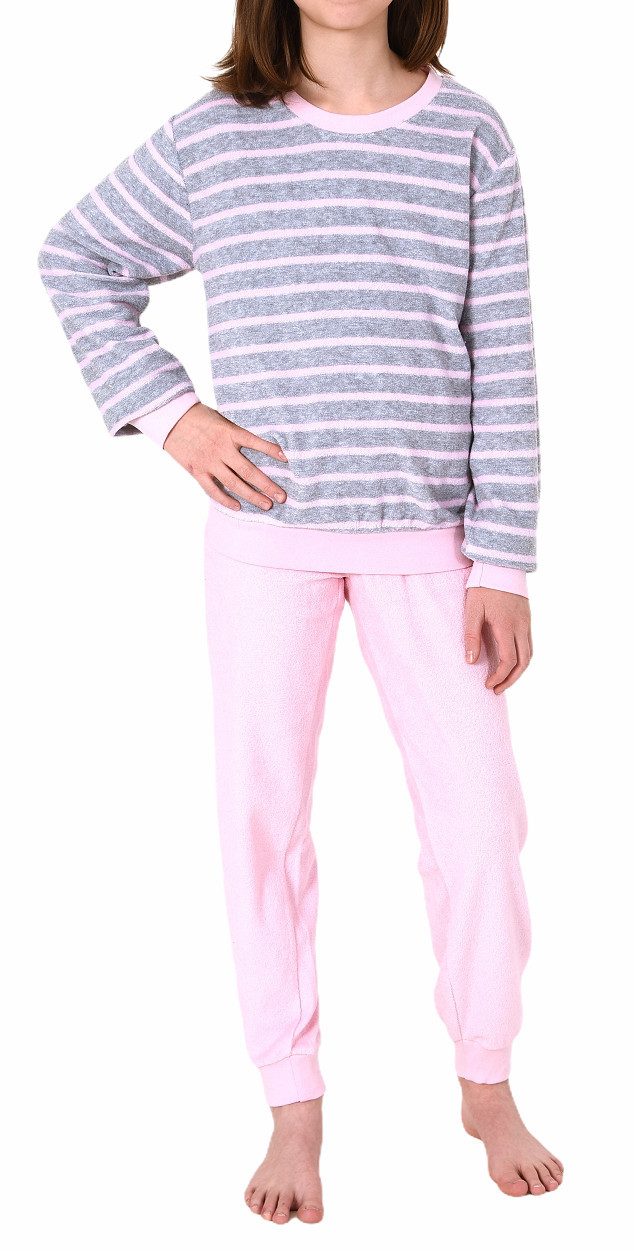 Normann Pyjama Mädchen Frottee Pyjama lang mit Bündchen Schlafanzug mit Herz Motiv