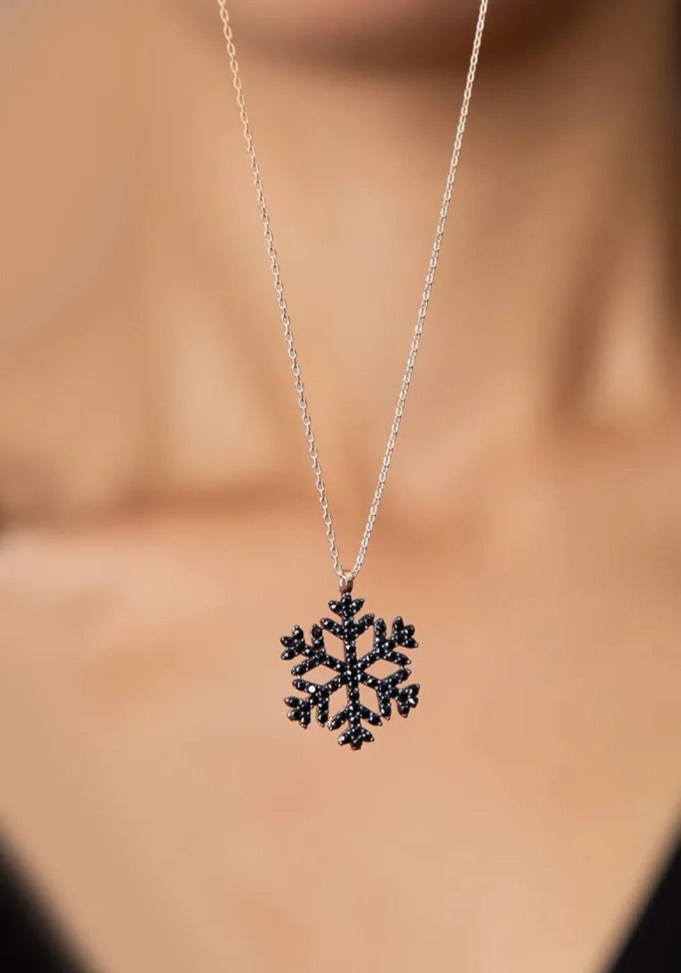 Einzelstück Charm-Kette Halskette Snowflake Black schwarze Schneeflocke 925 günstig online kaufen