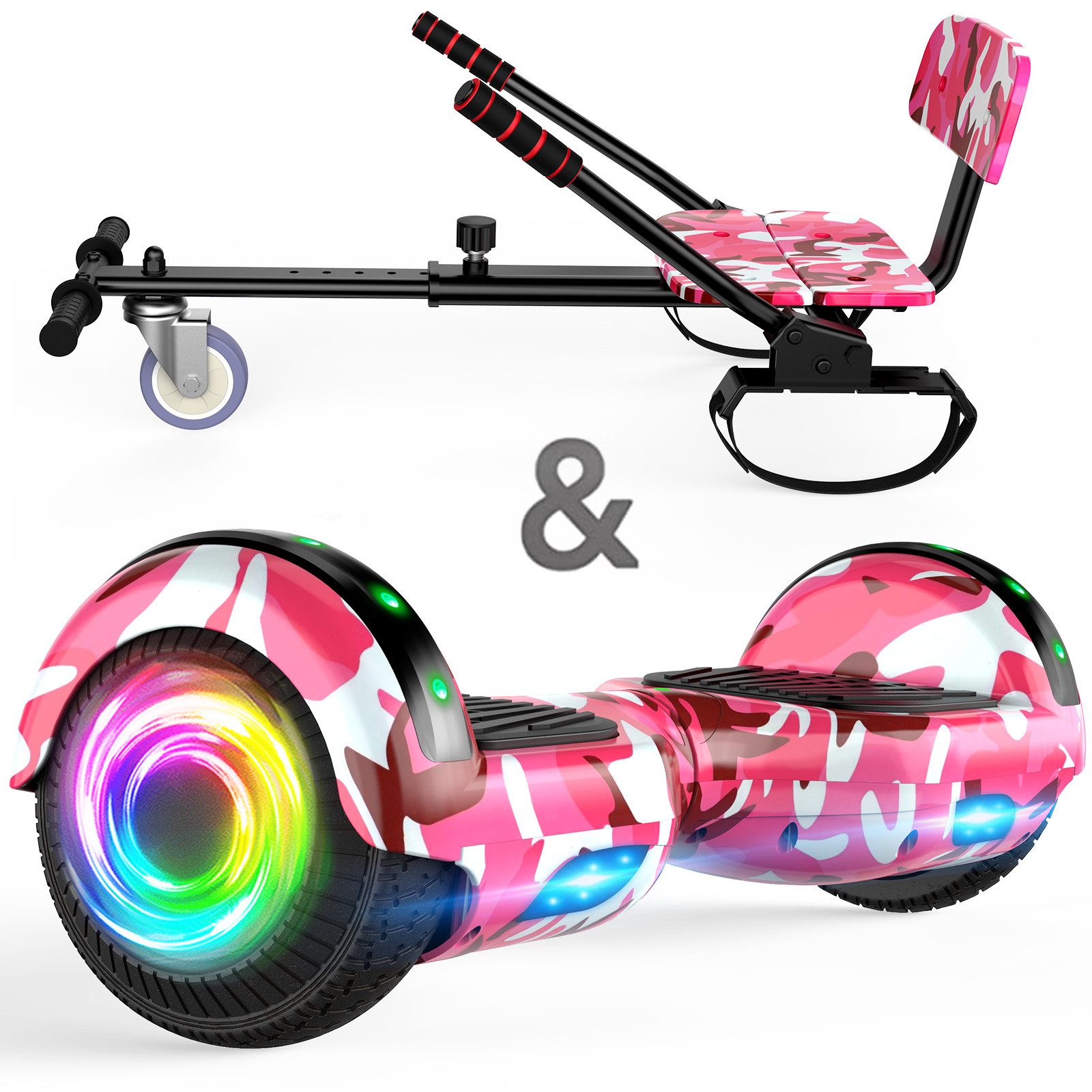 SISIGAD Balance Scooter Kart Set, 6,5'' Hoverboard mit kart,LED, Bluetooth, 8 km/h, 160W, Hoverboards mit Sitz, bis zu 7-8km,Geschenke für Kinder