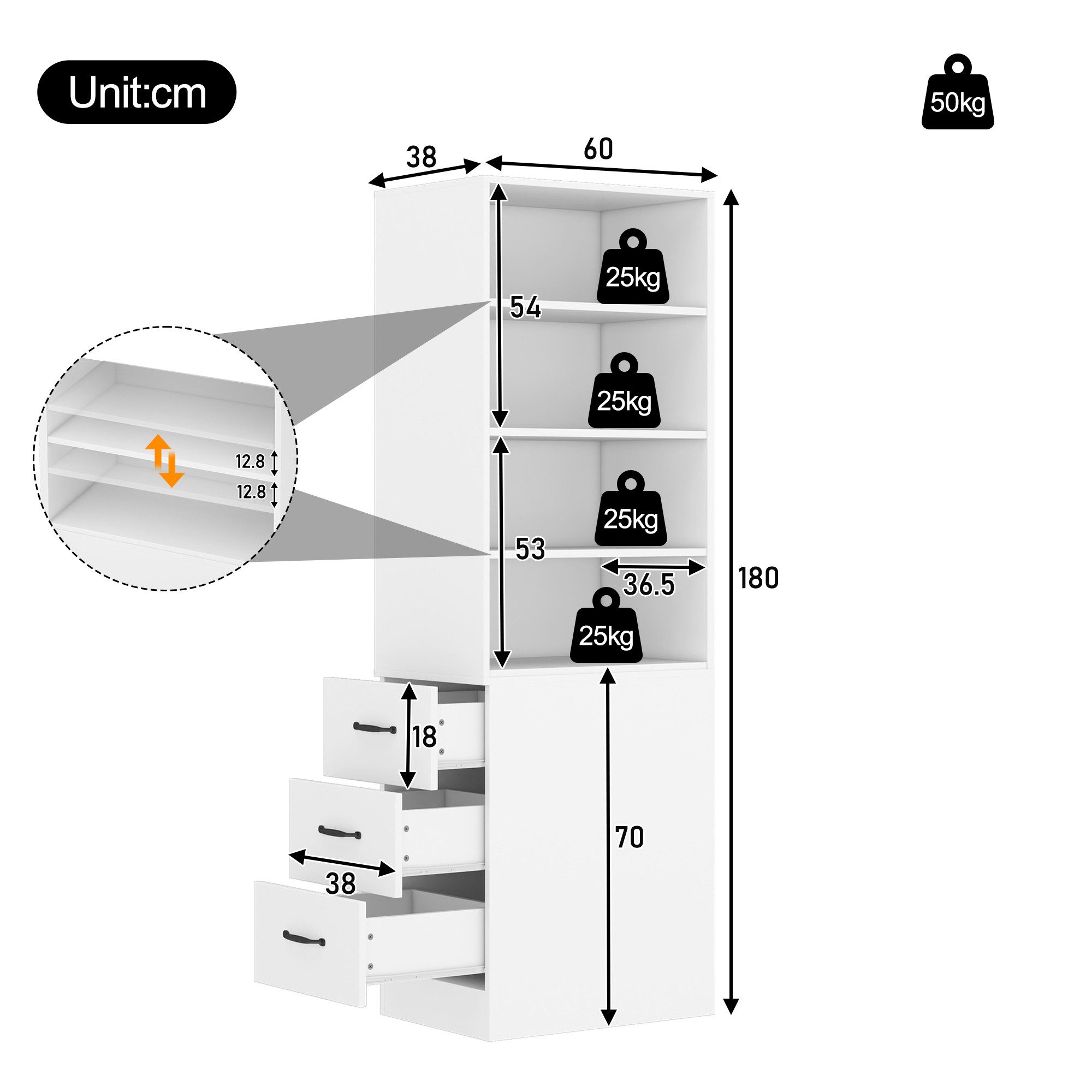 Flieks Bücherregal mit seitlichen Schubladen, links und rechts austauschbar, B60/T38/H180 cm 1-tlg., Hochschrank mit verstellbaren Einlegeböden Wohnzimmerschran – Bild 4 von 5
