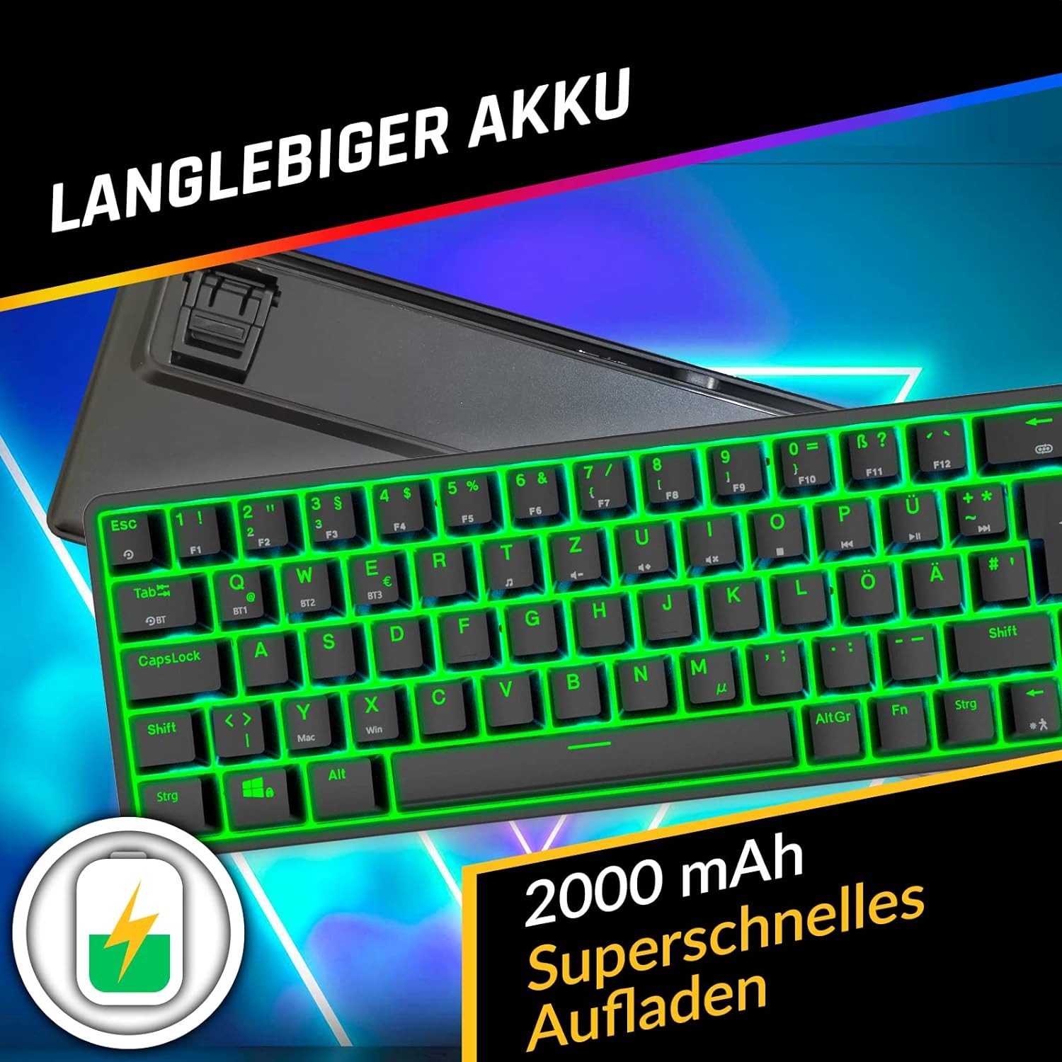 KLIM Switch Gaming-Tastatur (60% Mechanische Tastatur, kabellos, Bluetooth)