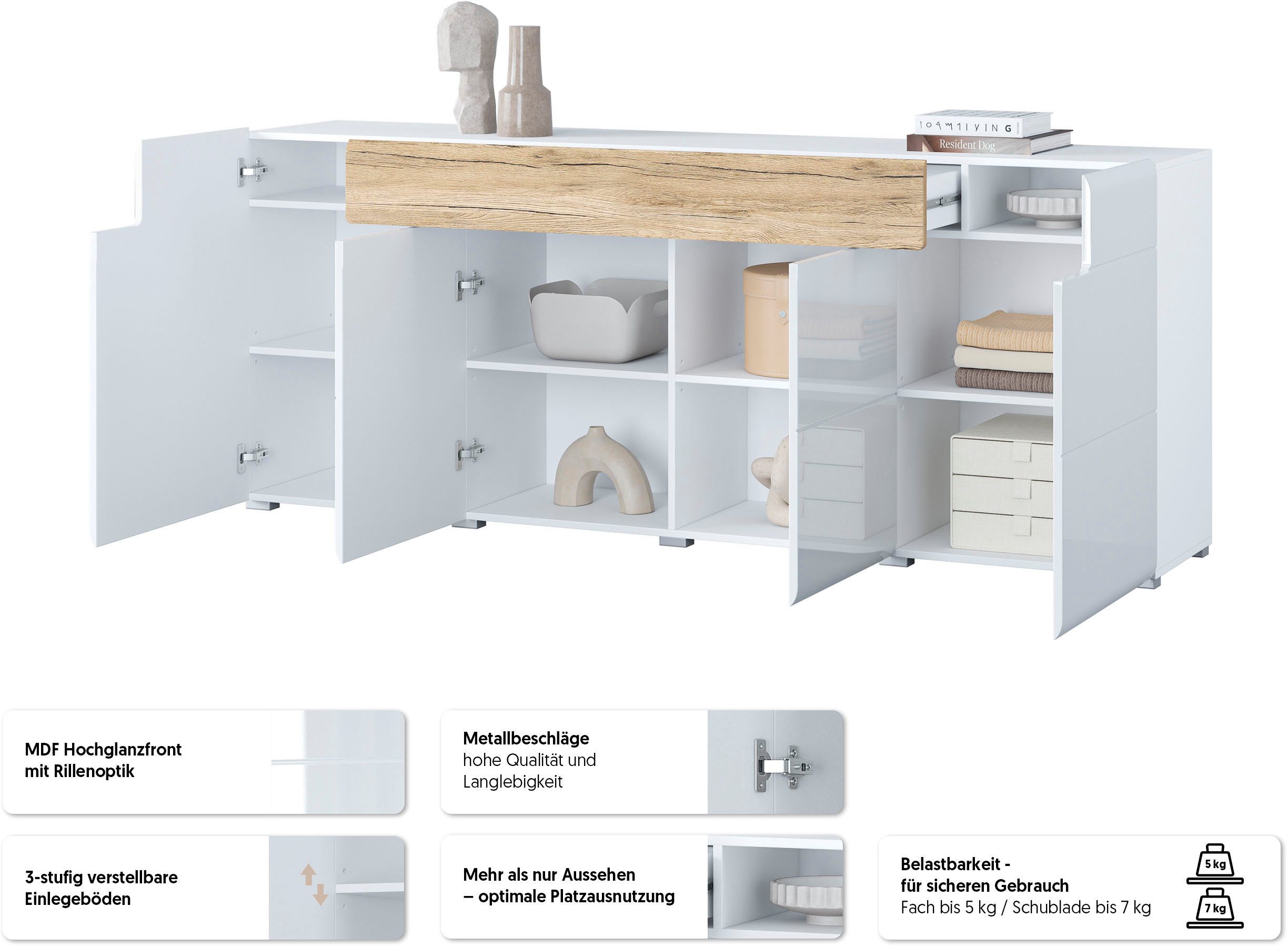 OTTO home Sideboard Toledo,Breite 208cm,moderne Kommode mit dekorative Fräsungen,grifflos, Kombikommode mit viel Stauraum, Einlegeböden verstellbar