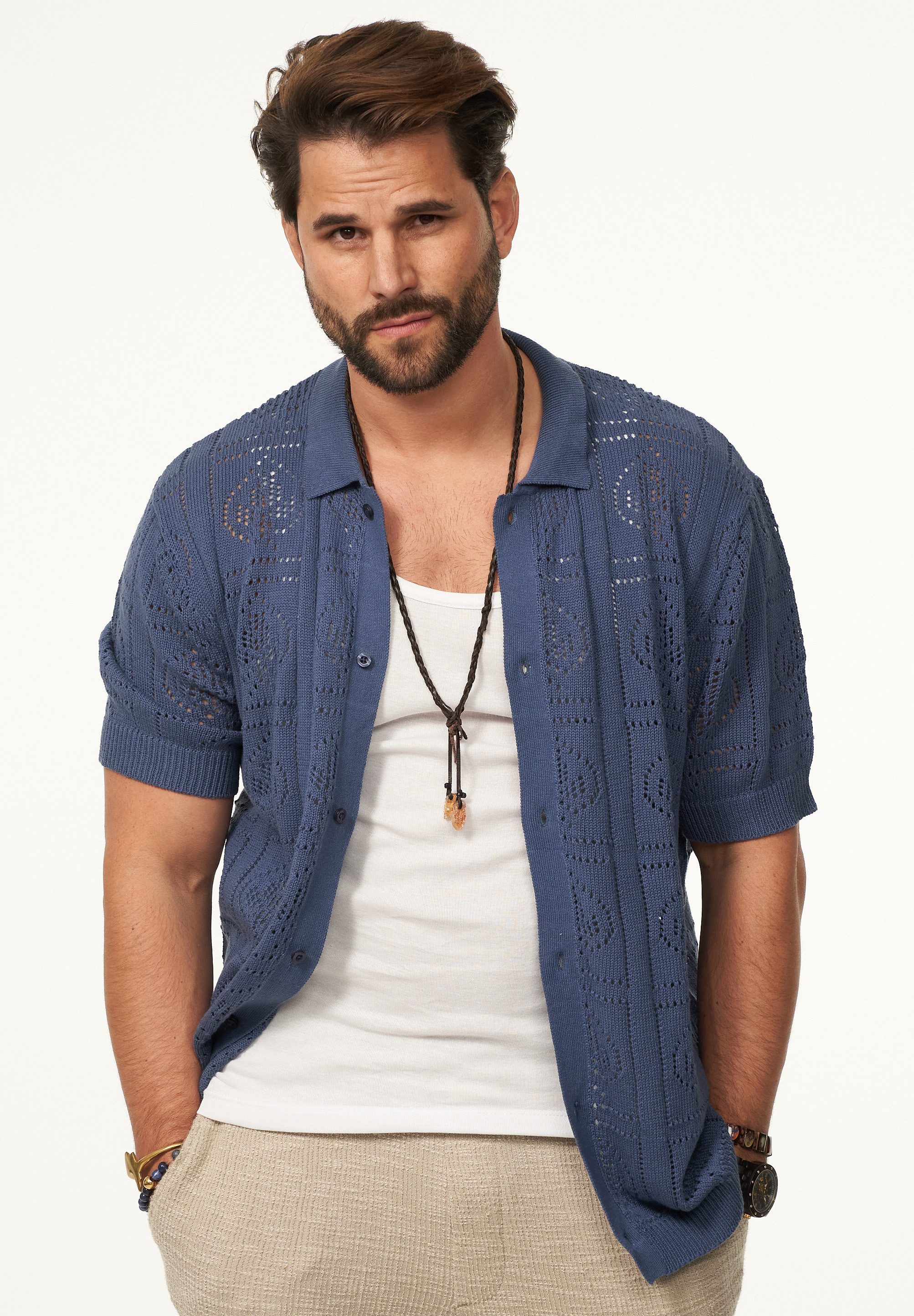 SOULSTAR Poloshirt im Crochet Vintage Summer-Look Herren Kurzarm Strick Pol günstig online kaufen