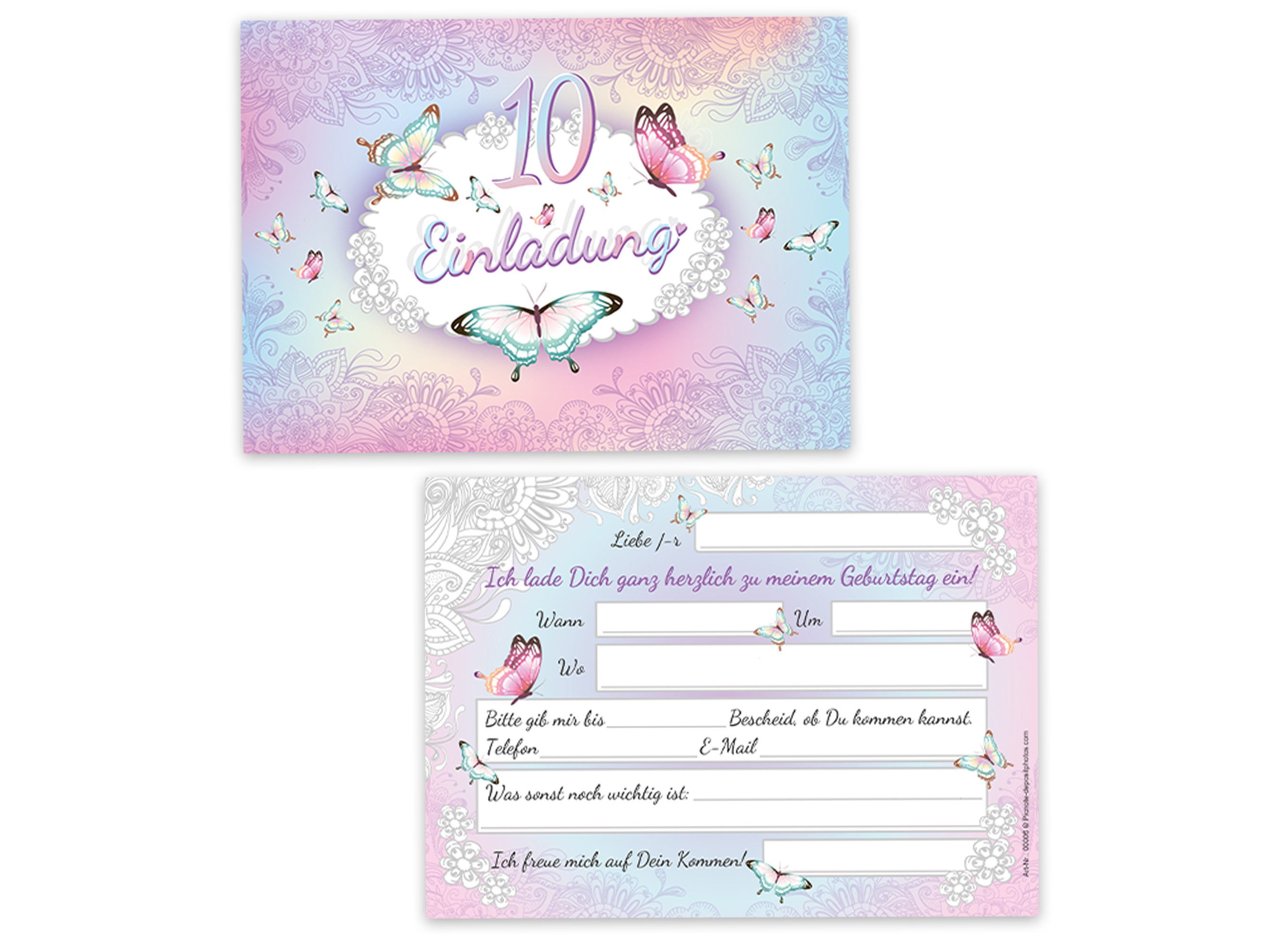 LIMONIA Einladungskarten Schmetterling zum 10. Kindergeburtstag Einladungen mit Umschlägen rosa, Einladungskarten mit Umschlägen zum zehnten Geburtstag Schmetterling