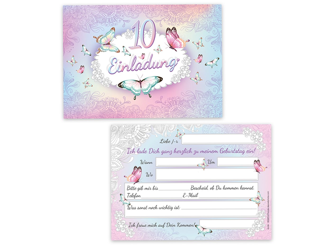 Thumbnail - LIMONIA Einladungskarten Schmetterling zum 10. Kindergeburtstag Einladungen mit Umschlägen rosa, Einladungskarten mit Um...