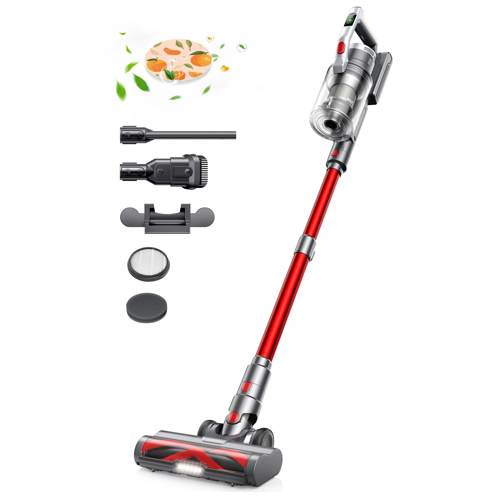 Laresar Akku-Stielstaubsauger 38Kpa, LCD-Anzeige, 55 Minuten Laufzeit, 7-stufiges Filtersystem, 450,00 W, Anti-Verwicklungsbürstenrolle, für Böden und Tierhaare