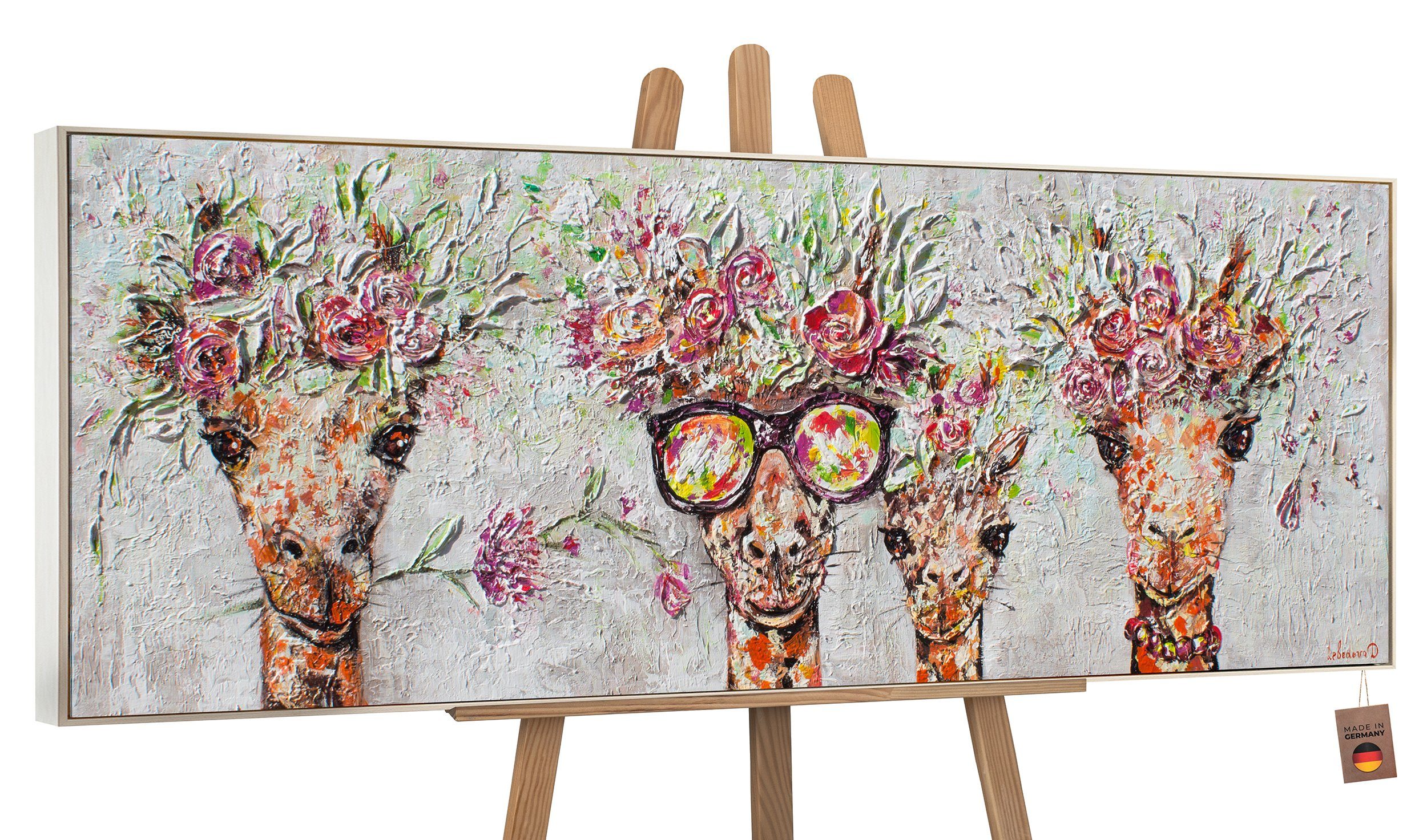 YS-Art Gemälde Giraffen, Tierbilder, Bunte Giraffen Leinwand Bild Handgemalt Brille Braun Blumen Mit Rahmen in Beige