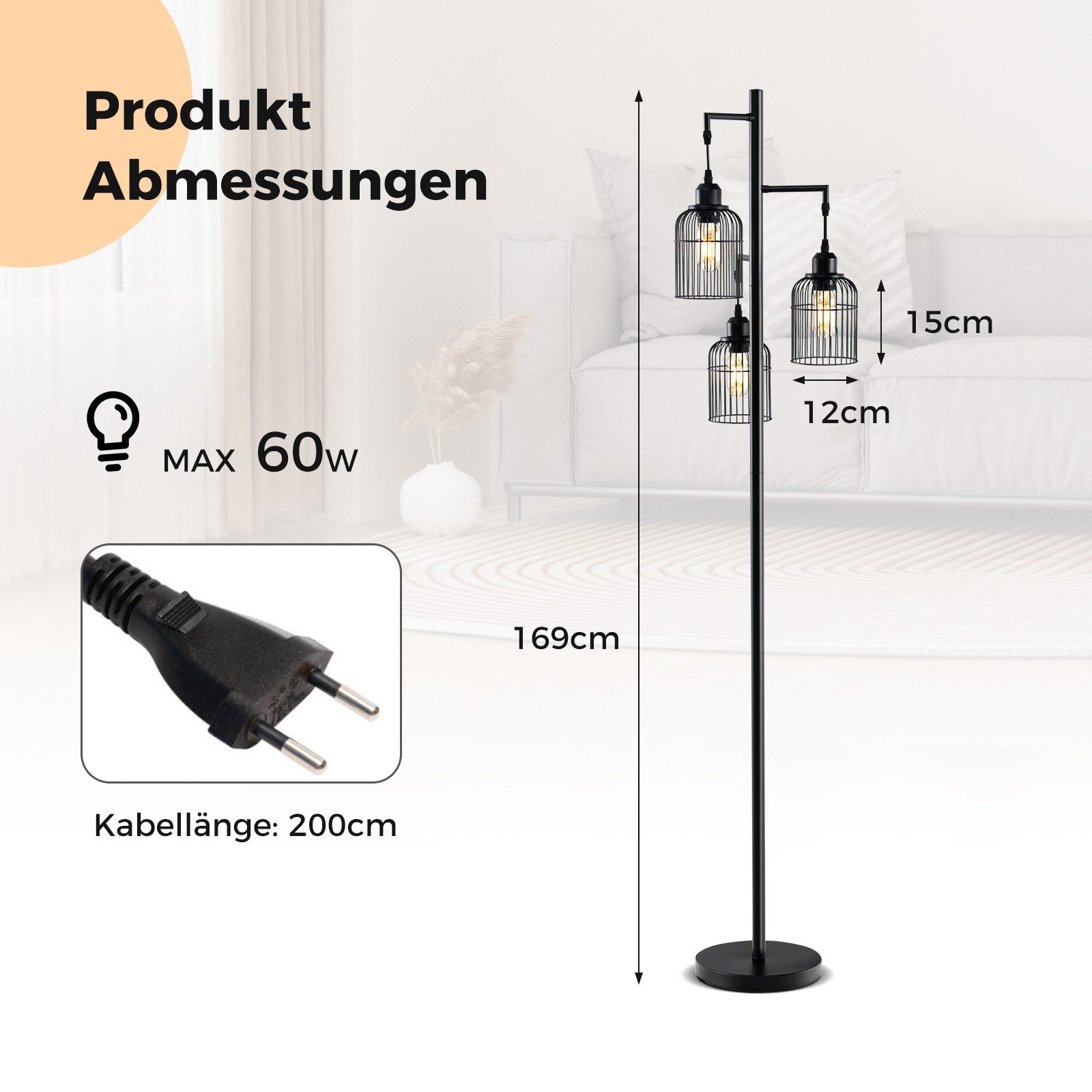 COSTWAY Stehlampe, 169 cm, mit 3 Lampenschirmen, Sockel & Fußschalter