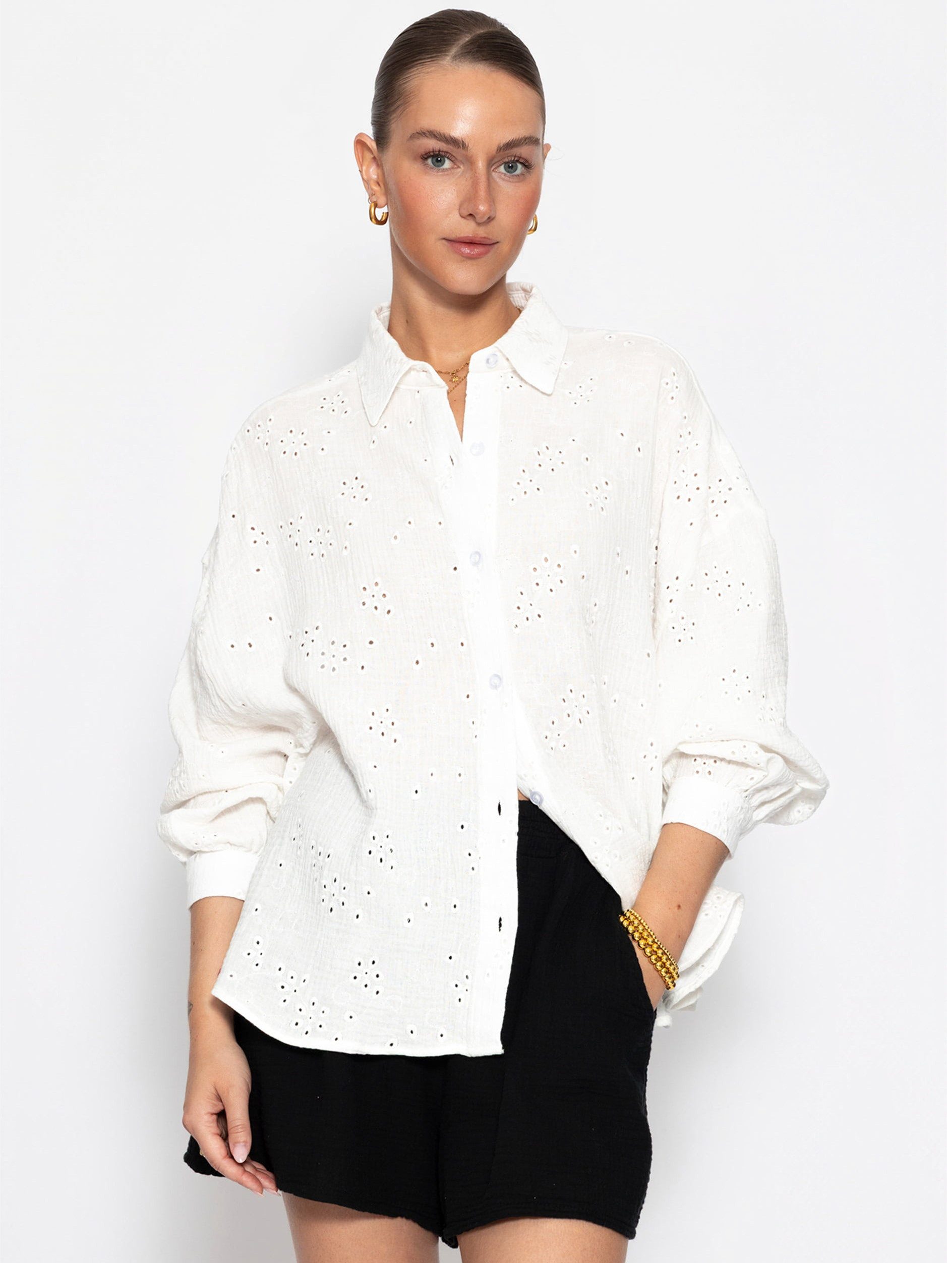 Langarmbluse Musselin Bluse mit Lochstickerei für Damen