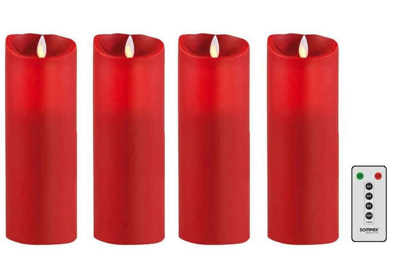 SOMPEX LED-Kerze 4er Set Flame LED Kerzen rot 23cm (Set, 5-tlg., 4 Kerzen, Höhe 23cm, Durchmesser 8cm, 1 Fernbedienung), fernbedienbar, integrierter Timer, Echtwachs, täuschend echtes Kerzenlicht, optimales Set für den Adventskranz