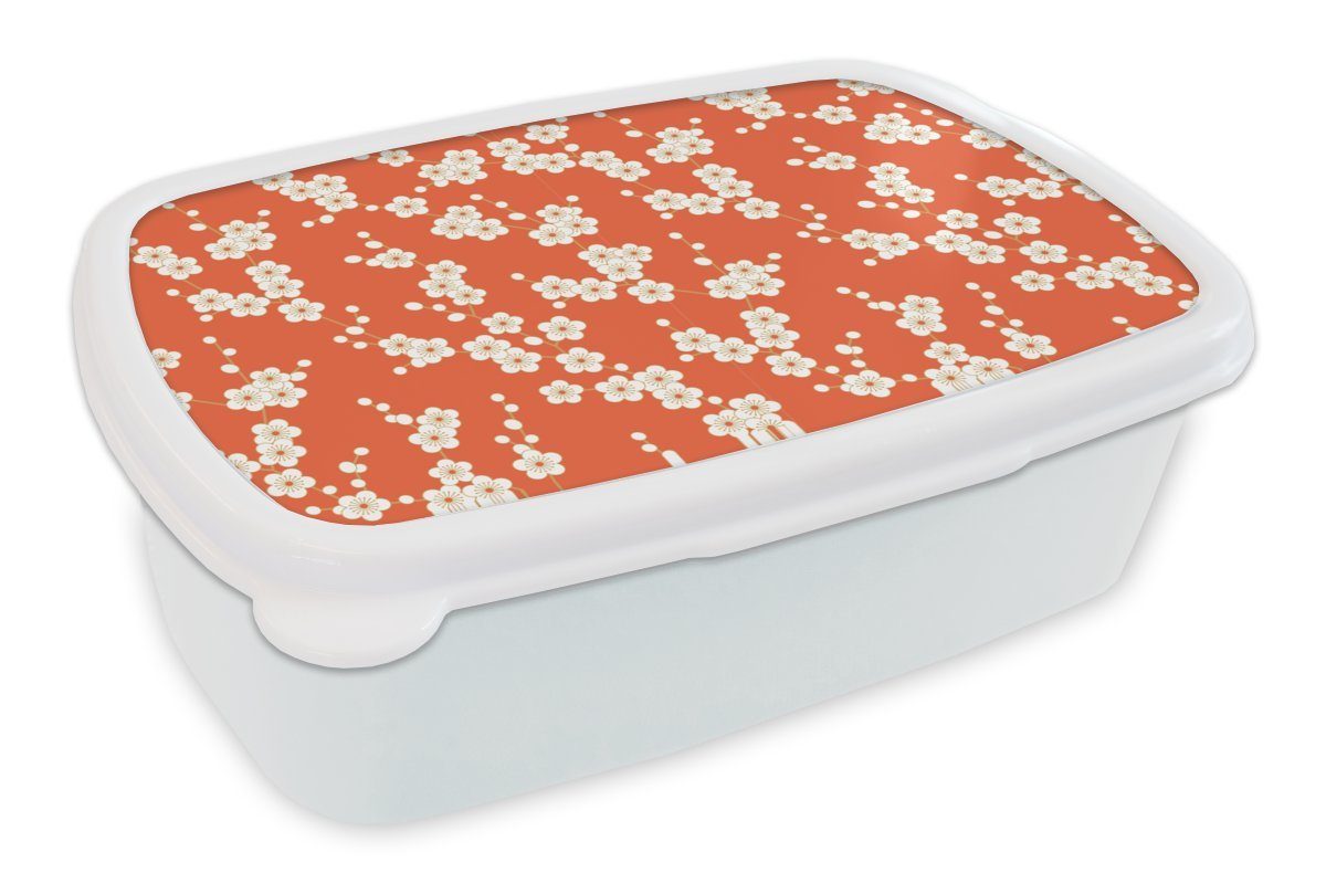 MuchoWow Lunchbox Sakura - Blumen - Muster - Japan, Kunststoff, (2-tlg), Brotbox für Kinder und Erwachsene, Brotdose, für Jungs und Mädchen weiß