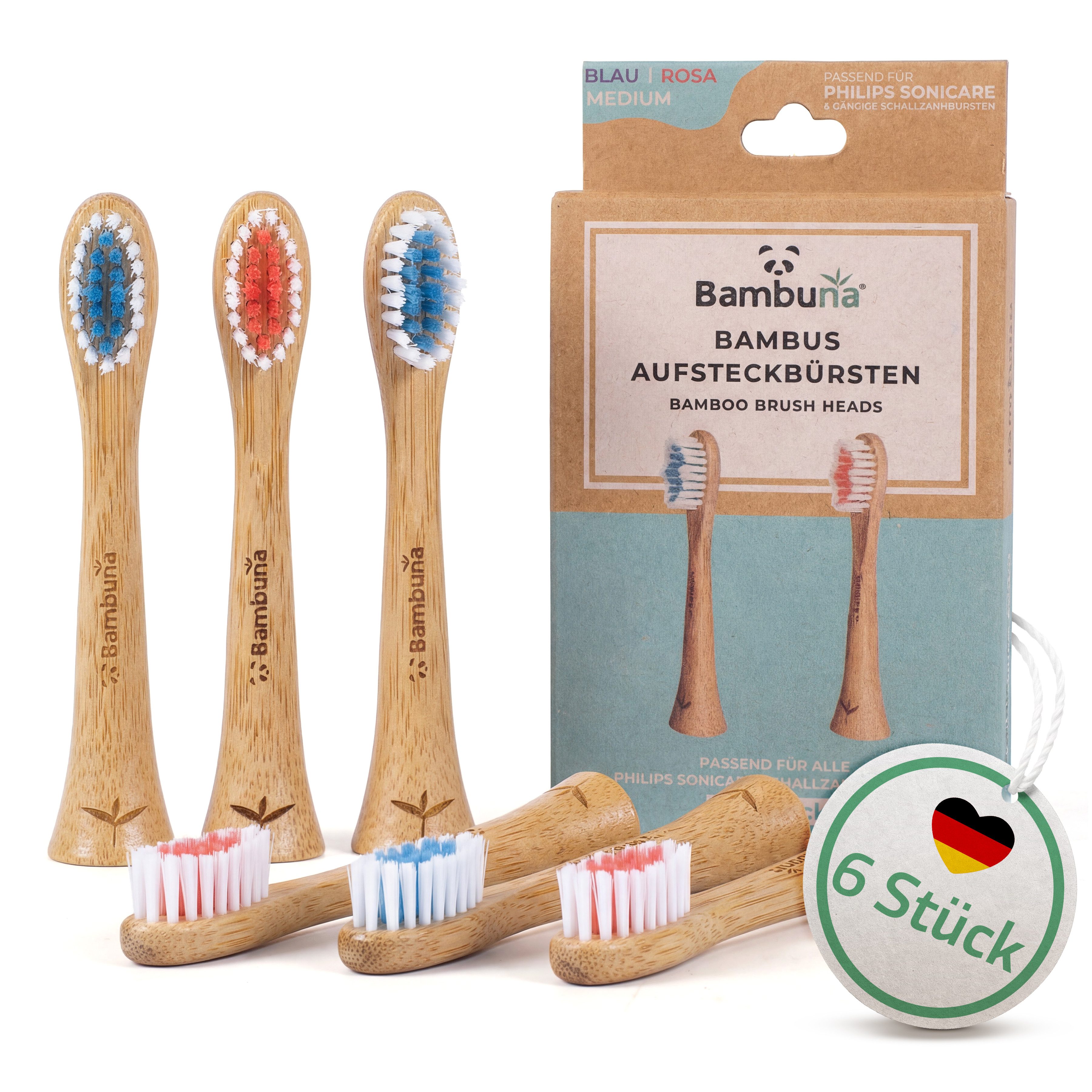 Bambuna Aufsteckbürsten Sonicare Ersatzbürsten aus Bambus, passend für Philips Sonicare Schallzahnbürste - plastikfrei & biologisch abbaubar, Spar-Set, B2 Optimal White mit Tripleclean-Borstenprofil - Mittelweiche Borsten