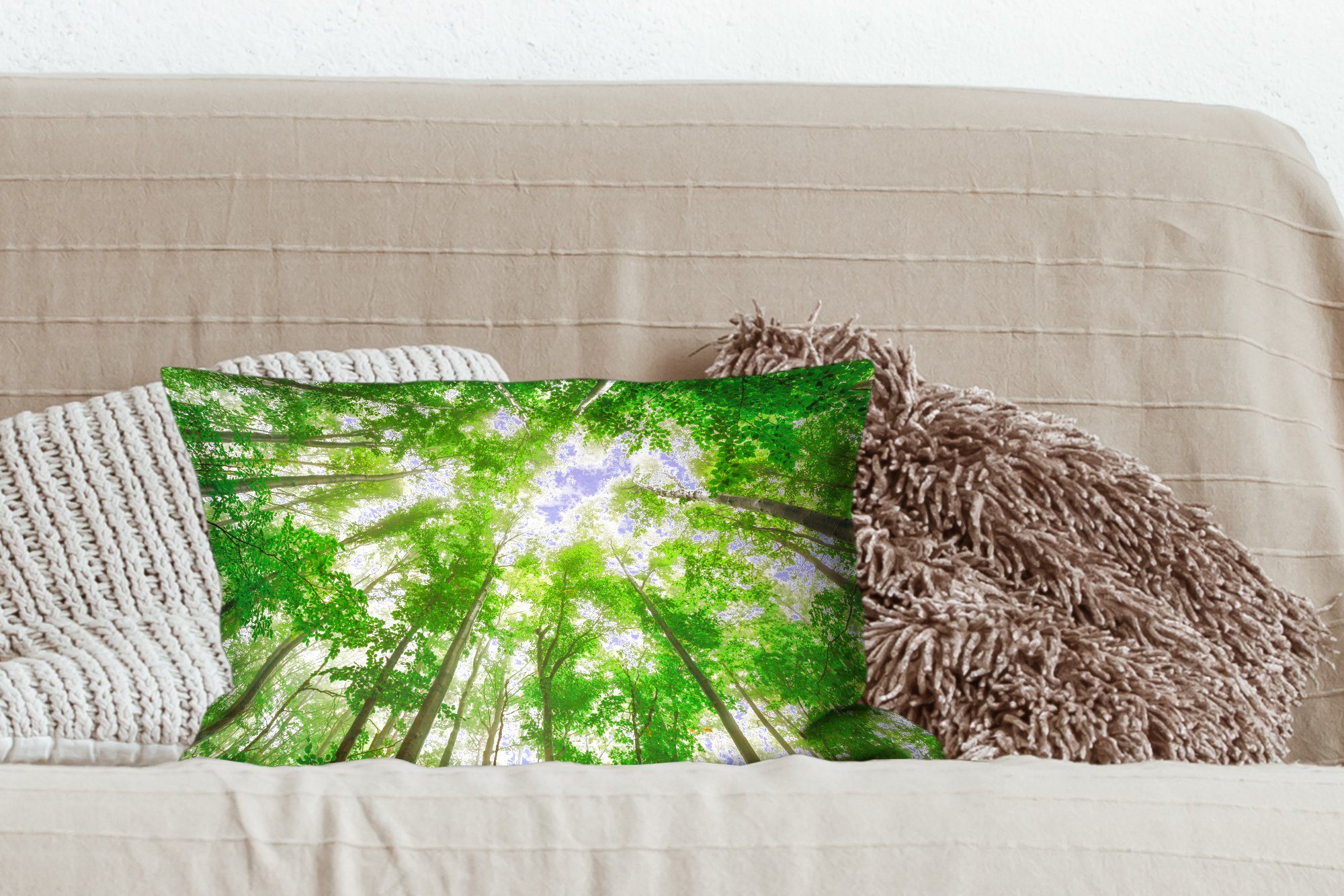 mit Dekokissen Baum, Füllung, - Zierkissen, Wohzimmer Sonne Wald - Dekokissen Schlafzimmer Dekoration, MuchoWow