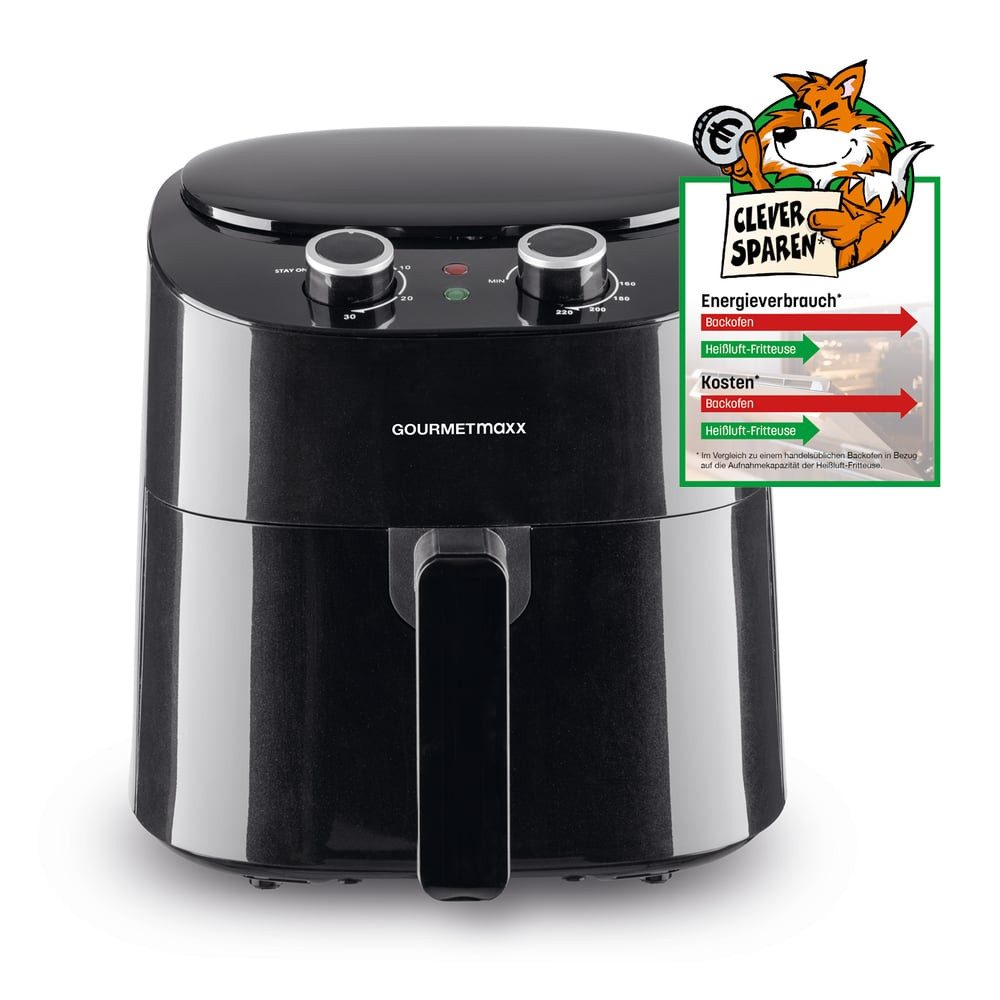 GOURMETmaxx Heißluftfritteuse 4,5L, Airfryer mit 8 Programmen, ideal zum besonders fettarmen Garen, 1400 W, Grillen oder Backen ohne Öl, Timer Funktion, 1400W [Schwarz]