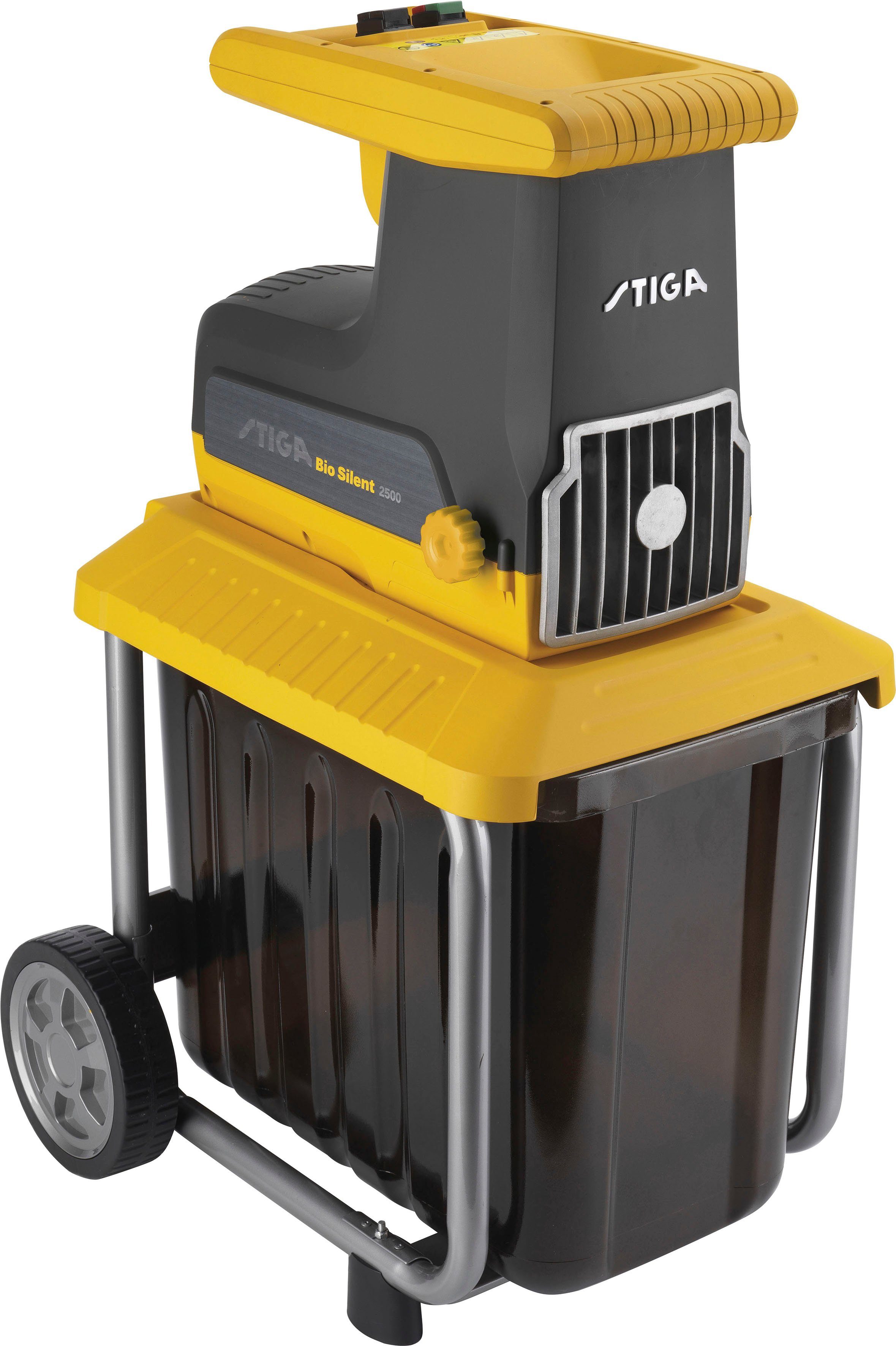 STIGA GARDEN Leisehäcksler Bio Silent 2500, 4 cm max. Astdurchmesser, 2500 W, leise Walzentechnik, mit Stopfer und Rücklauffunktion