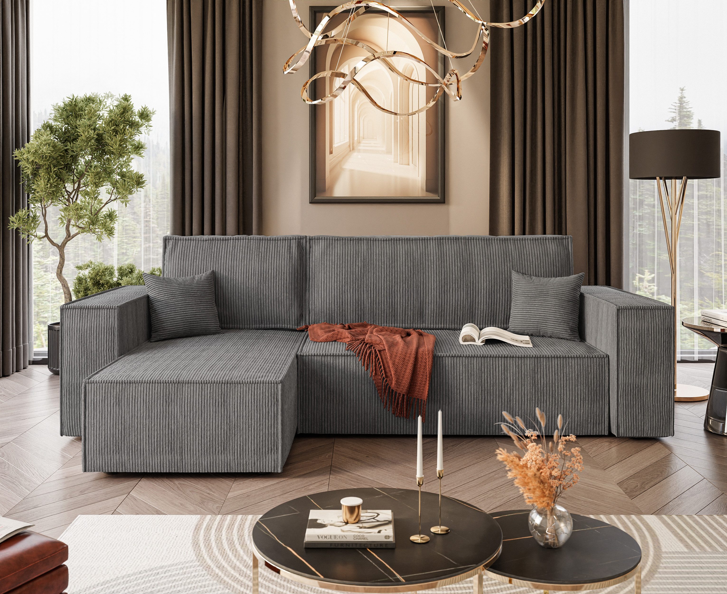 Lookway Ecksofa Gepolstertes CARLOS L-Form, Cord-Stoff, mit Schlaffunktion und Bettkasten, Seite universal, 244/277x83x142 cm