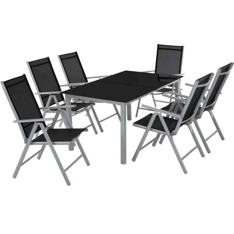 tectake Essgruppe »Aluminium Sitzgruppe 6+1«, (Komplettset, 7-tlg., Set aus Stühlen und Esstisch), pflegeleicht, klappbare Stühle, Sicherheitsglas, platzsparend, wetterfest, mit Rückenlehne
