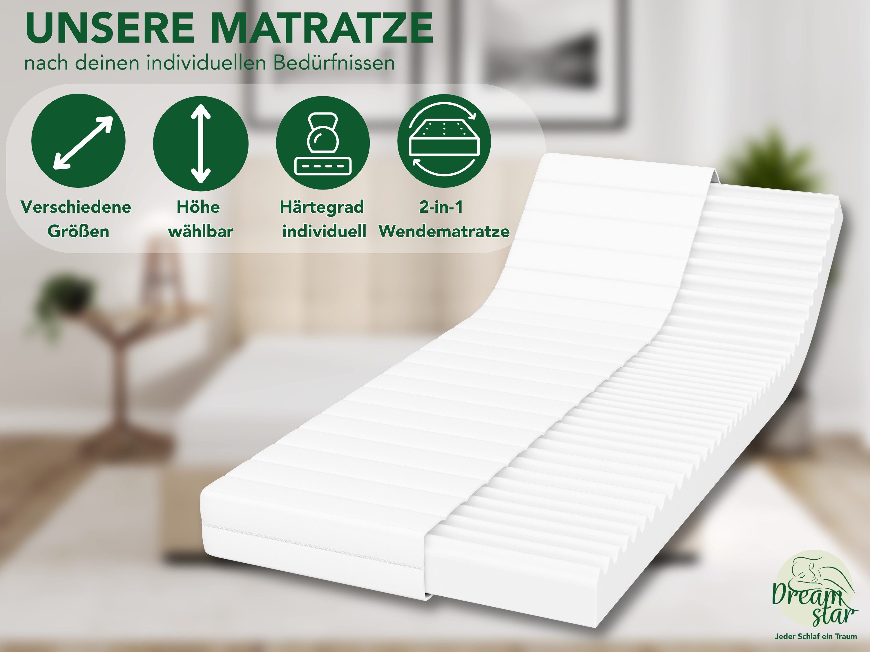 Kaltschaummatratze 7-Zonen Easy Flex - zwei Liegeseiten - 90x200 120x200 140x200 180x200, Dreamstar, verschiedene Größen, Härtegrade und Höhen - ergonomisch, wendbar