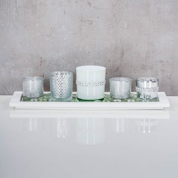 Levandeo® Teelichthalter mit Tablett, Tablett Teelichthalter Silber Weiß Holz Glas Weihnachtsdeko