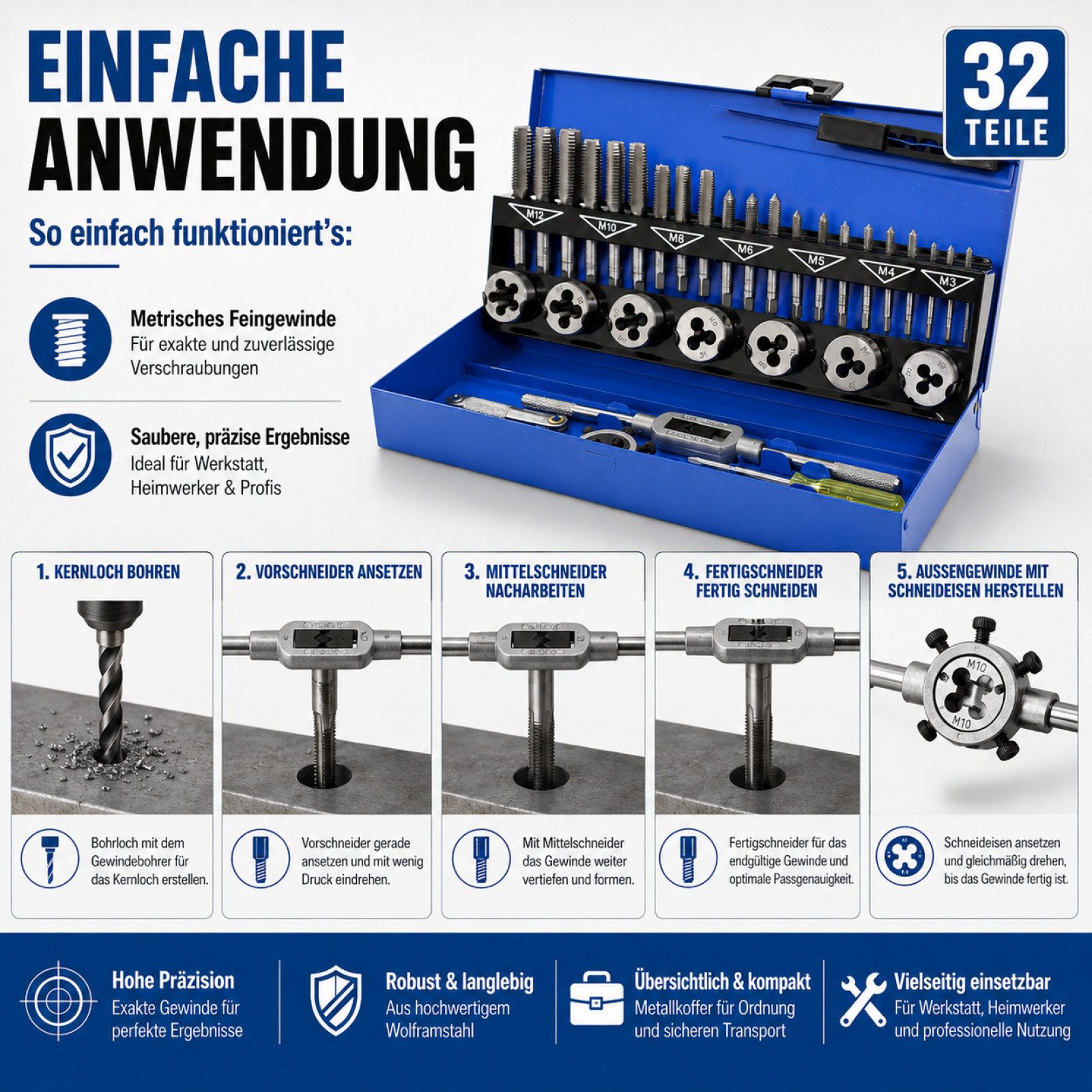 Bituxx Gewindeschneideisen Gewindeschneid Set 32 tlg, Set, 32-tlg., MS-15841 – Bild 5 von 5