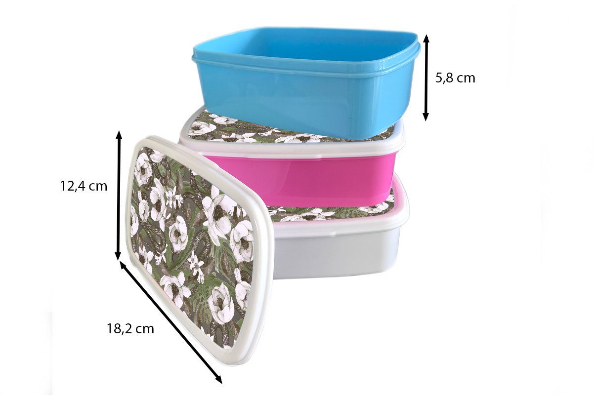 (2-tlg), Brotbox Muster, MuchoWow Blumen Brotdose für - rosa Kinder, - Kunststoff, Dschungel Snackbox, Mädchen, Erwachsene, Kunststoff Lunchbox