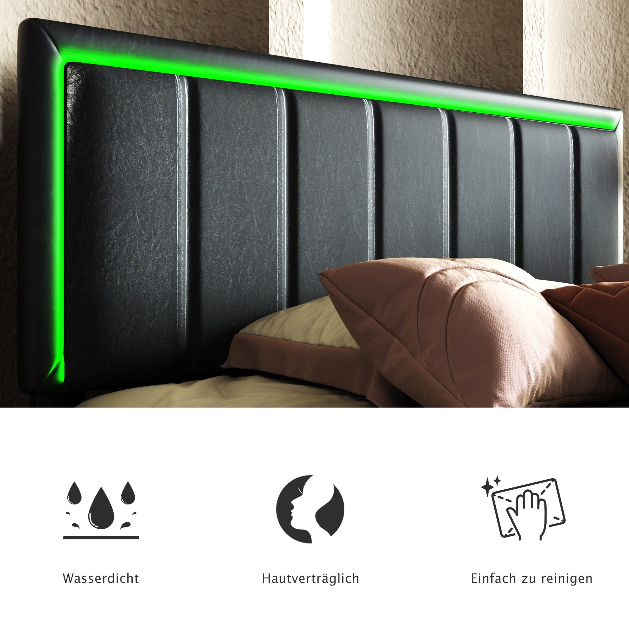 Polsterbett (Funktionsbett, 140 x 200 cm, mit 4 Schubladen, verstellbarem Kopfteil und Lattenrost), Doppelbett mit LED-Beleuchtung, Lattenrost aus Holz, Kunstleder