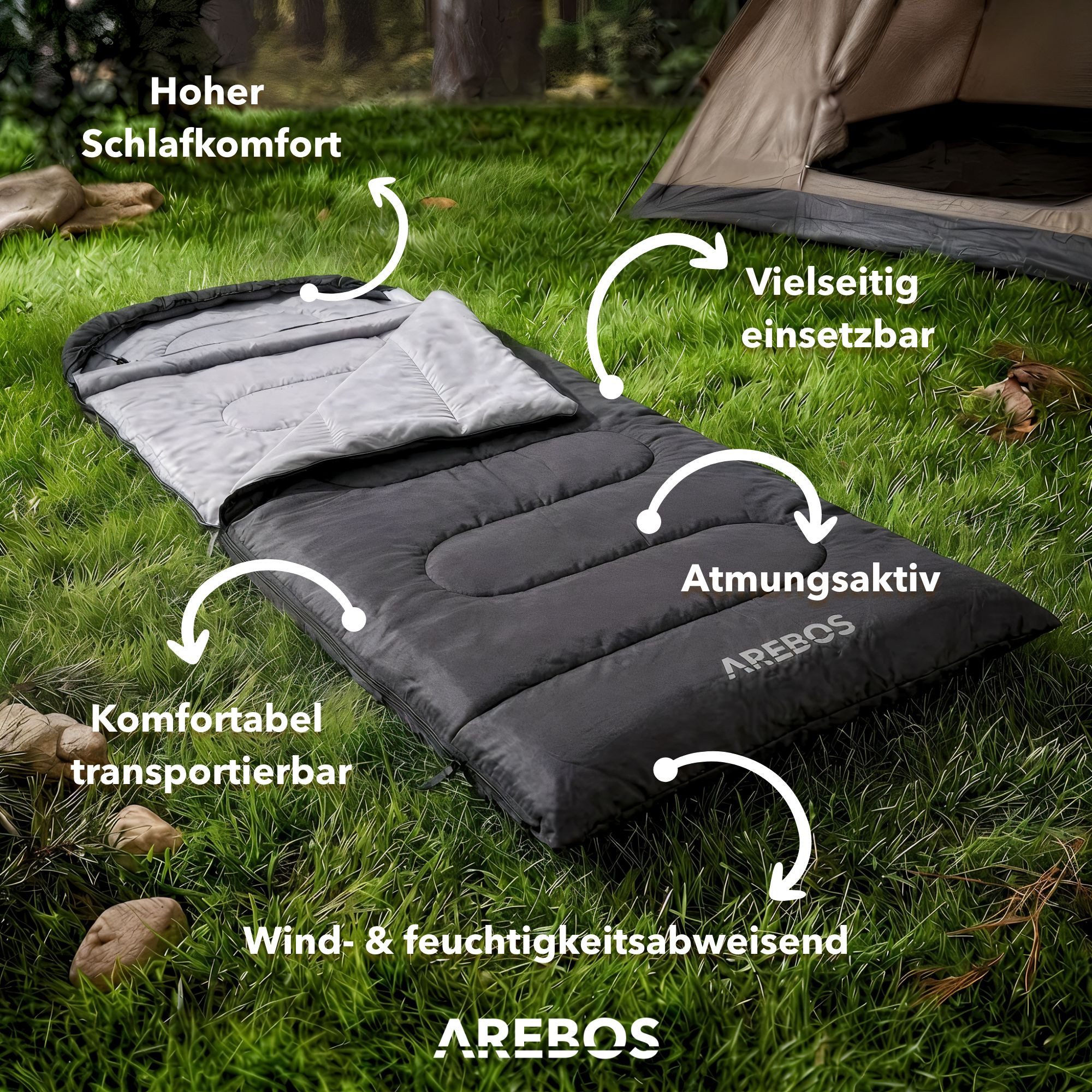 Arebos Schlafsack 220x83 cm Camping Outdoor 5-25°C Schwarz (Schlafsack), SBS-2-Wege-Reißverschluss, Kompressionsbeutel, verstellbare Kapuze