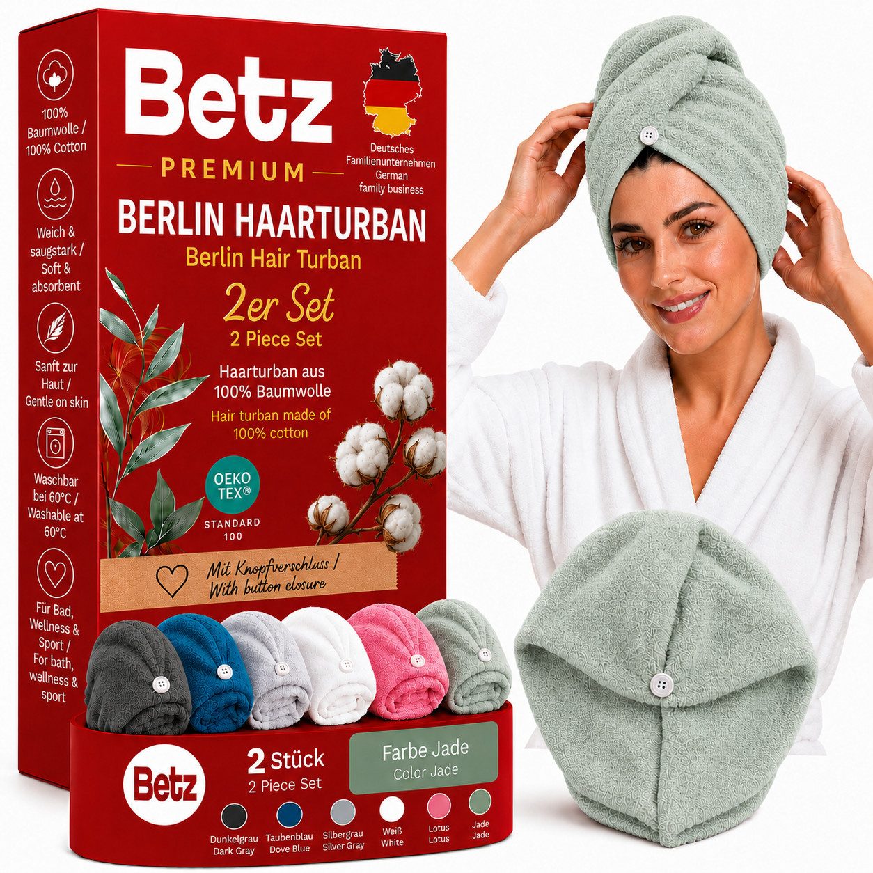 Betz Turban-Handtuch mit Knopf BERLIN Kopfhandtuch Haarturban, (2-St), mit Knopfverschluss