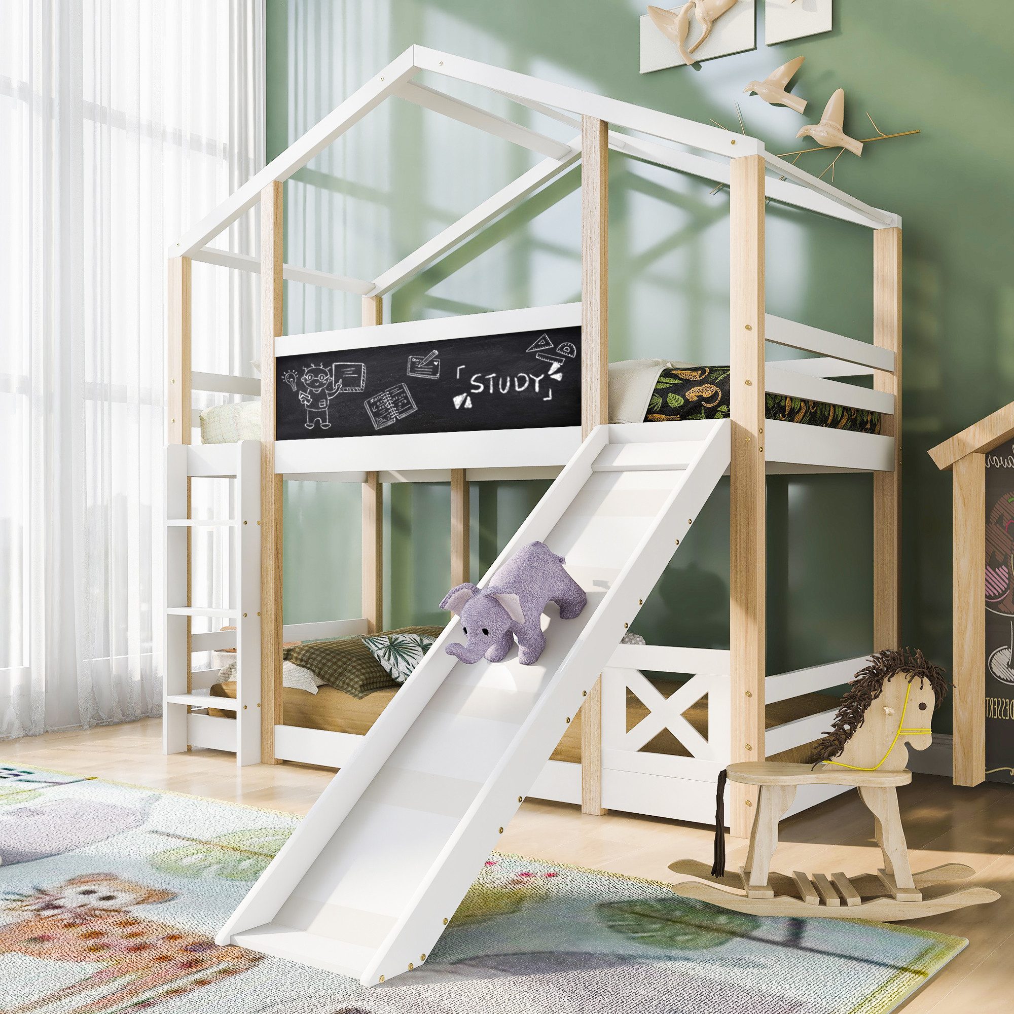 REDOM Etagenbett Kinderbett Baumhaus (Hochbett für Kinder– 2x Lattenrost- Natur & Weiß, mit Rutsche & Leiter 90 x 200 cm), Sicherer zur Schlafebene