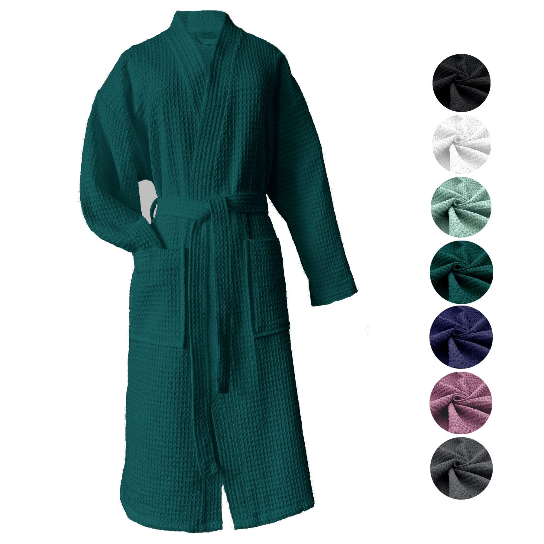 heimtexland Bademantel Reisebademantel Saunamantel Waffelpique Bademantel, Midilänge, Baumwolle, 2 Taschen I Bindegürtel, Gürtel, leicht I atmungsaktiv I kleines Packmaß I 100% Baumwolle