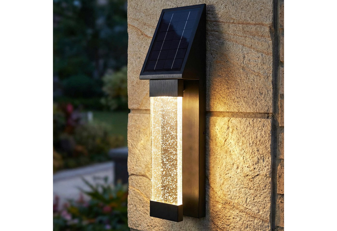 Arnusa LED Solarleuchte edle Außenwandleuchte Edelstahl Wandleuchte mit Kristall-Effekt Solar, Automatisches Ein-/Ausschalten, LED fest integriert, Warmweiß, kabellos warmweiß lange Leuchtdauer Außenleuchte