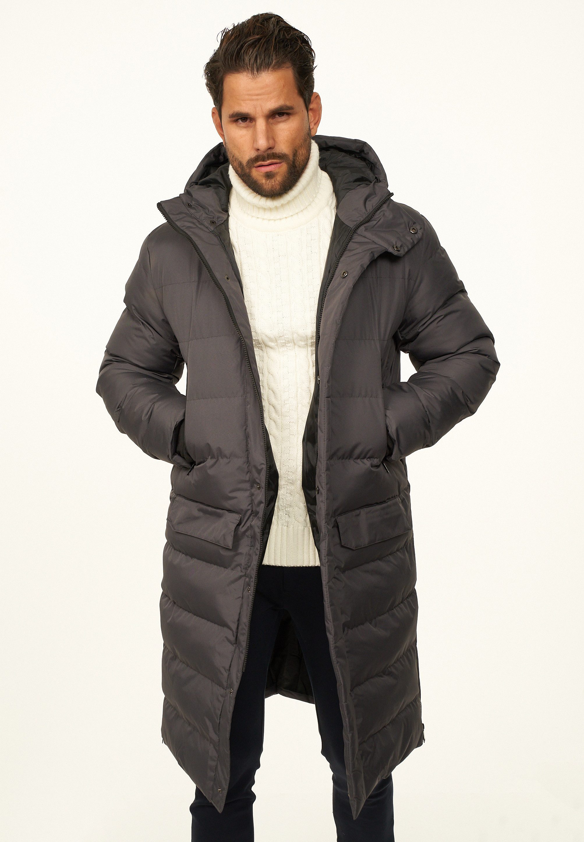 OneRedox Parka mit Kapuze als Winterjacke - Langer Steppmantel Herren warme Pufferjacke Steppjacke - Langer Wintermantel