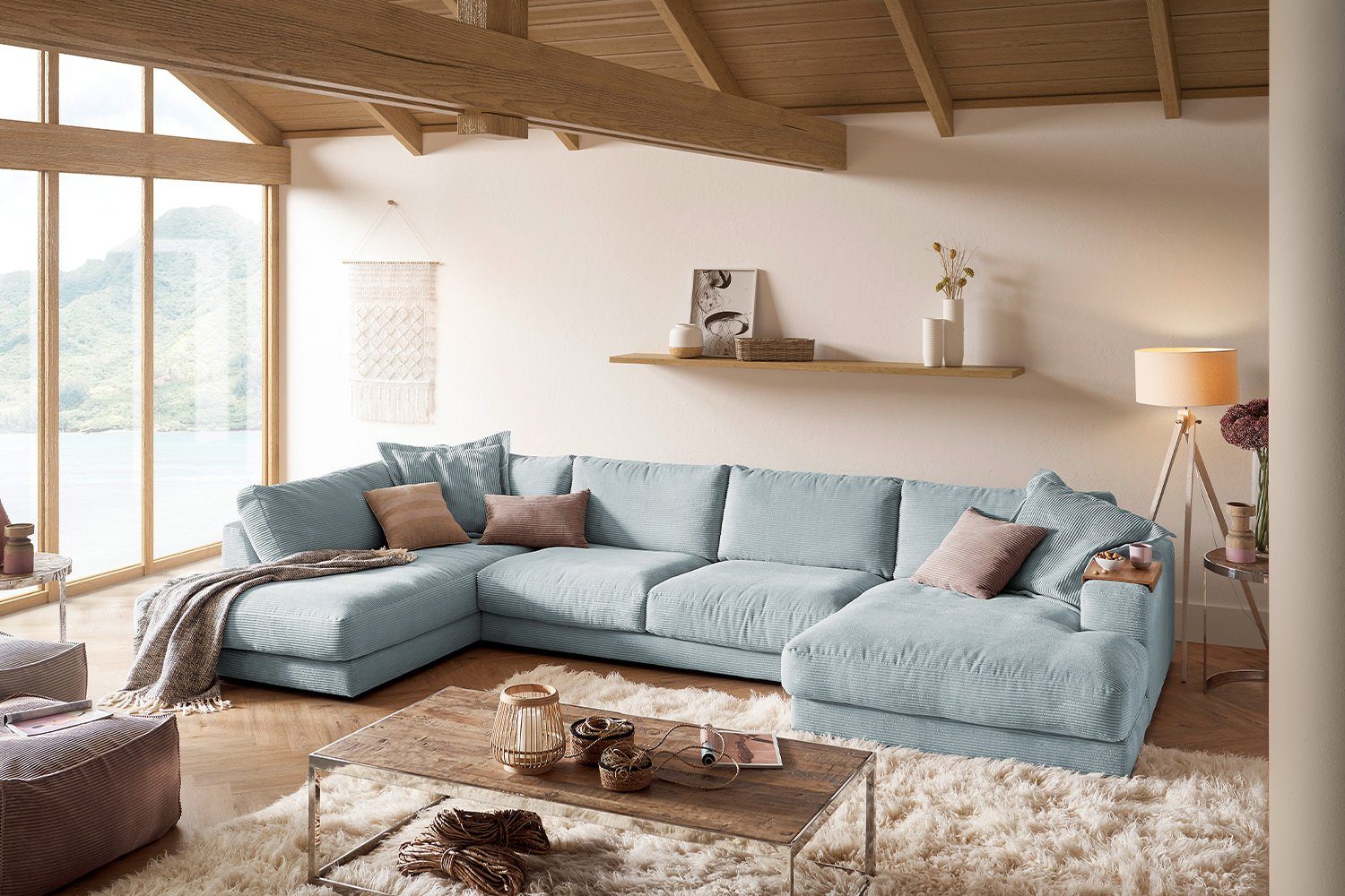 hellblau Cord, Farben Longchair rechts Sofa MADELINE, KAWOLA versch. links, U-Form Wohnlandschaft od.