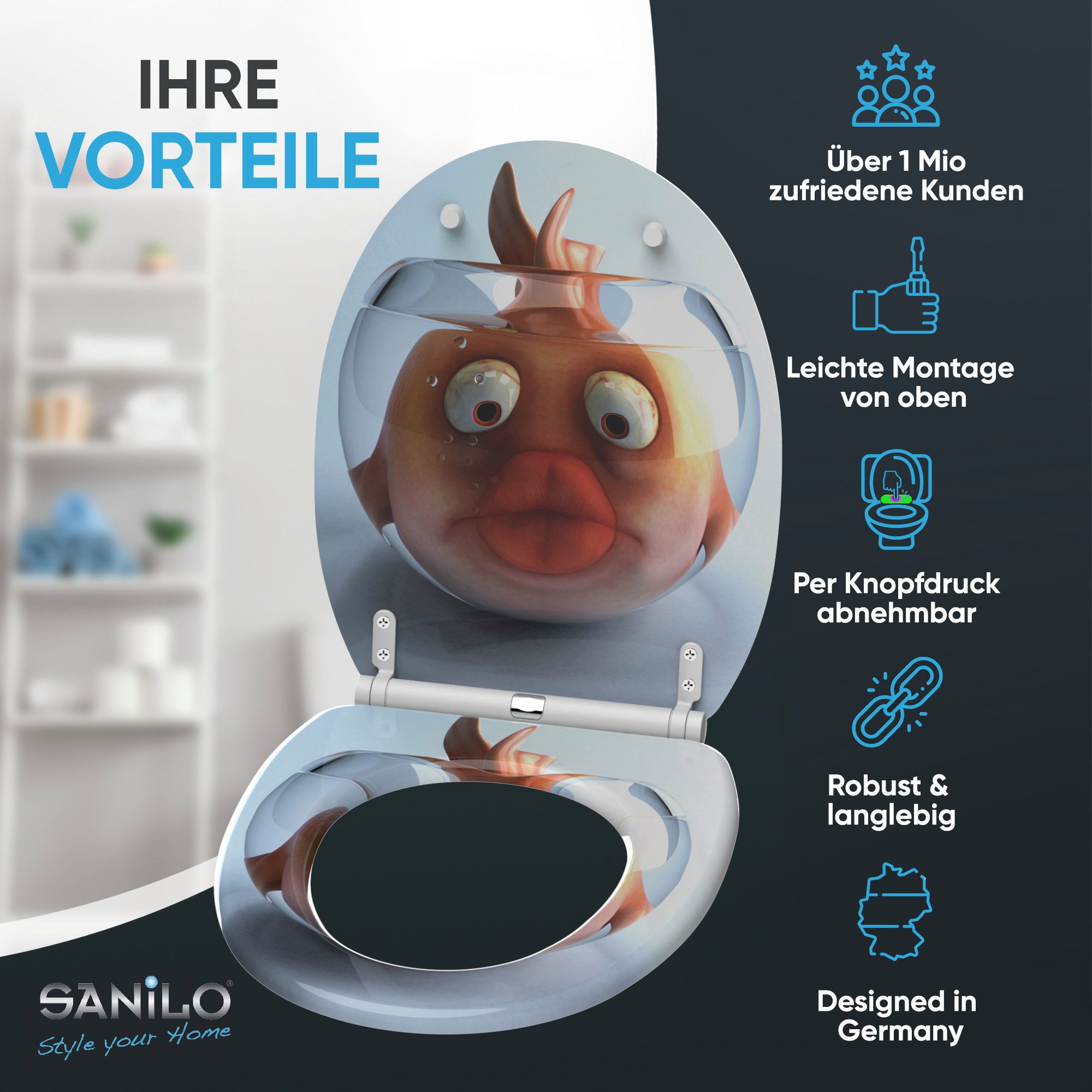 Sanilo WC-Sitz Goldfisch mit Absenkautomatik & Quick Release, Premium Toilettendeckel, abnehmbar, leichte Montage von oben