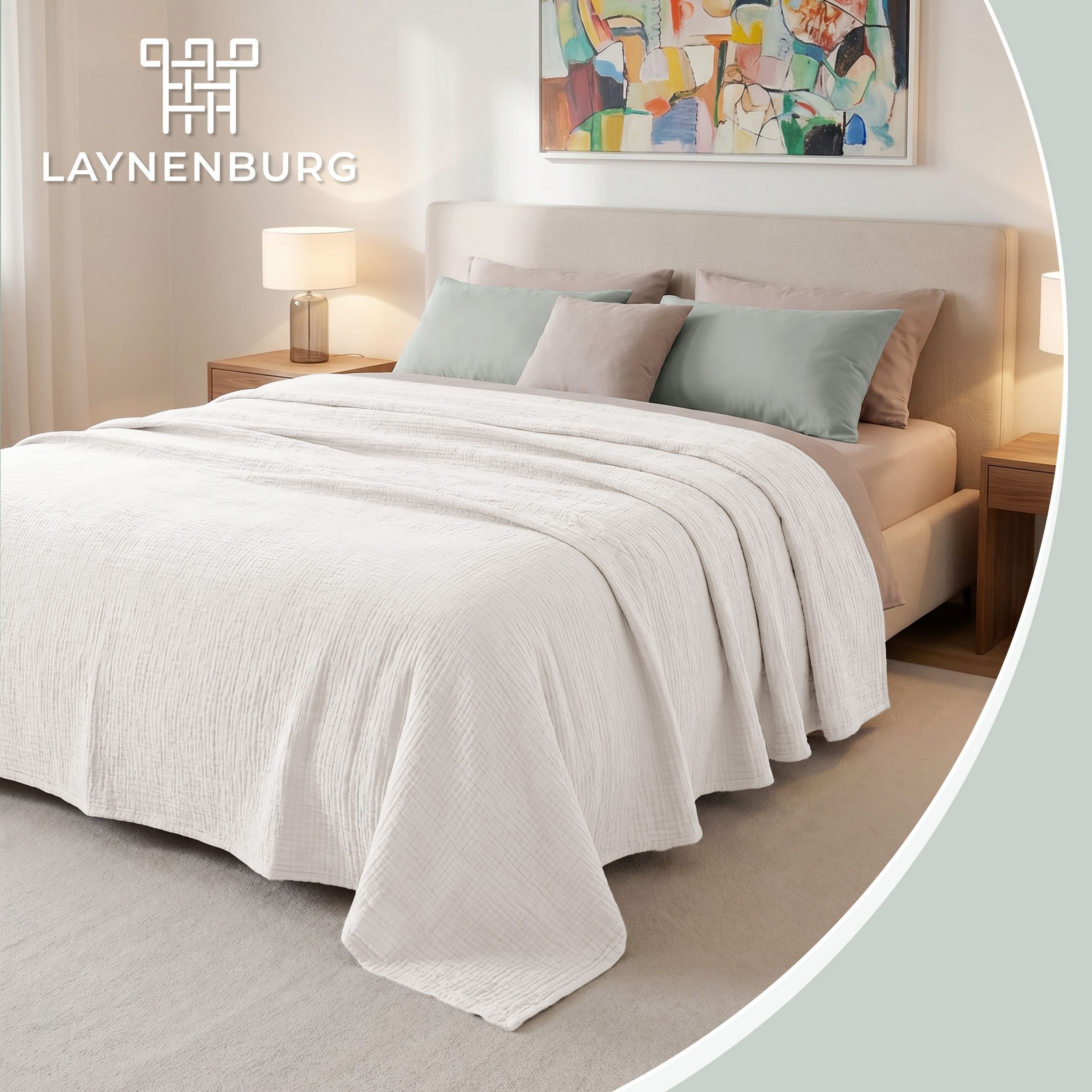 Laynenburg Tagesdecke Musselin aus 100% Baumwolle – Baumwolldecke, Kuscheldecke, Wohndecke als Sommerdecke, Bett-Überwurf, Couch-Überwurf, Sofa-Decke – Bild 2 von 5