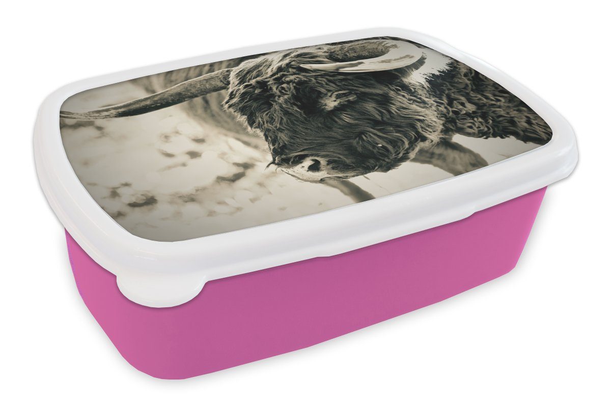 MuchoWow Lunchbox Schottischer Highlander - Schnee - Hörner, Kunststoff, (2-tlg), Brotbox für Erwachsene, Brotdose Kinder, Snackbox, Mädchen, Kunststoff rosa