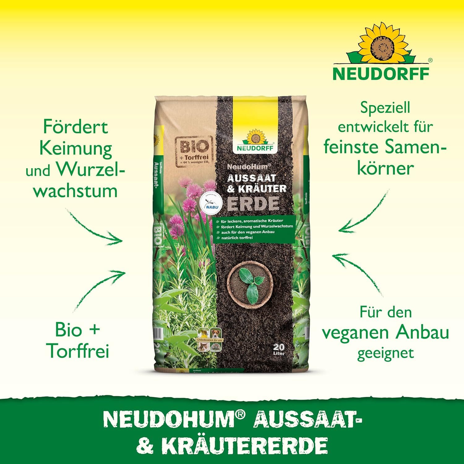 Neudorff Anzucht- und Kräutererde NeudoHum AussaatErde 20 Liter, mit Organisch vorgedüngt (Nährstoffversorgung für ca. 3–4 Wochen), auch für mediterrane Kräuter wie Lavendel oder Thymian