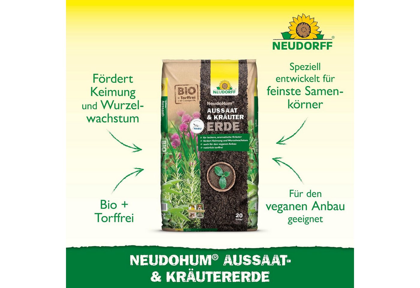 Thumbnail - Neudorff Blumenerde NeudoHum Aussaat- und KräuterErde 20 Liter, auch für mediterrane Kräuter wie Lavendel oder Thymian