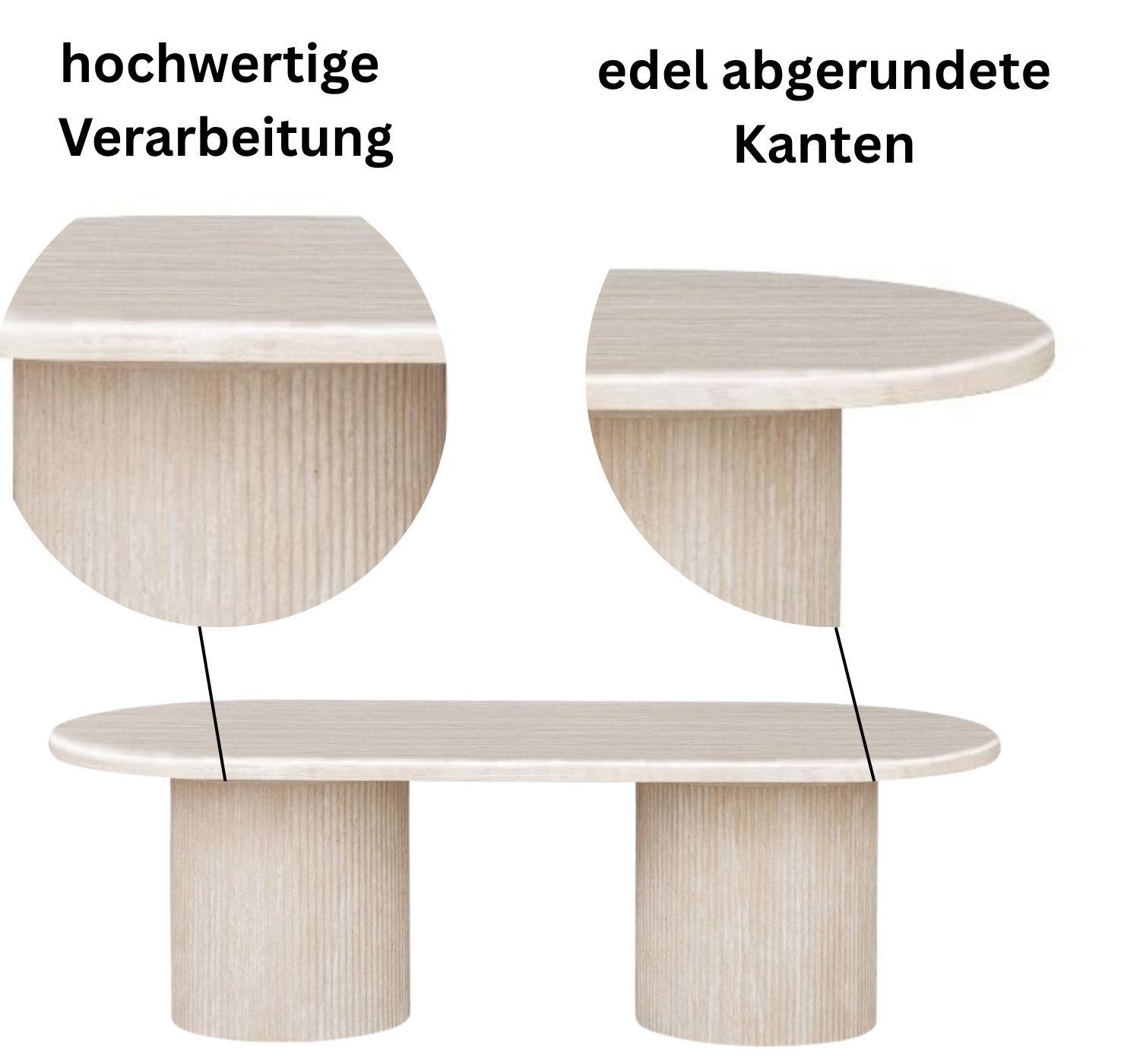 alesvelt Couchtisch ovale Trivento Travertin-Tischplatte Tischbeine im Säulenstil modern (1 Tisch), 130x70x45 cm, Travertin-Tischplatte