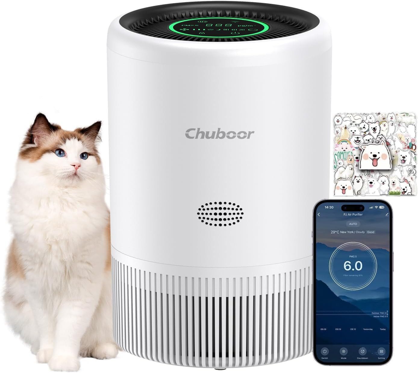 Chuboor Luftreiniger Allergiker mit 3 Geschwindigkeiten, 25dB HEPA filter gegen Pollen, für 110 m² Räume, 305m³/h CADR für Schlafzimmer bis zu 110m², App Steuerung & Timer