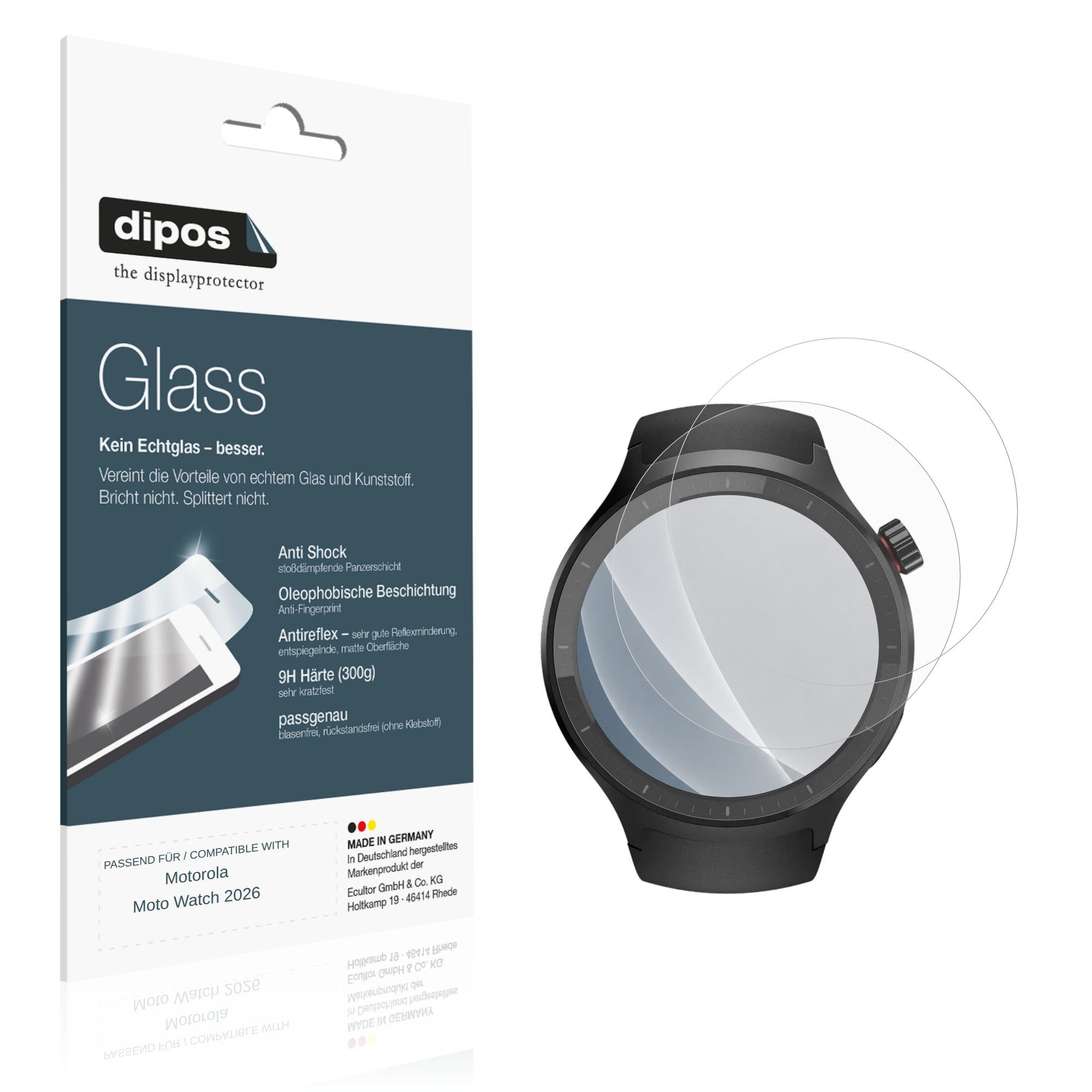 dipos Displayschutzfolie Schutzfolie für Motorola Moto Watch 2026, 2 Stück, Displayschutz Schutz Folie Made in Germany