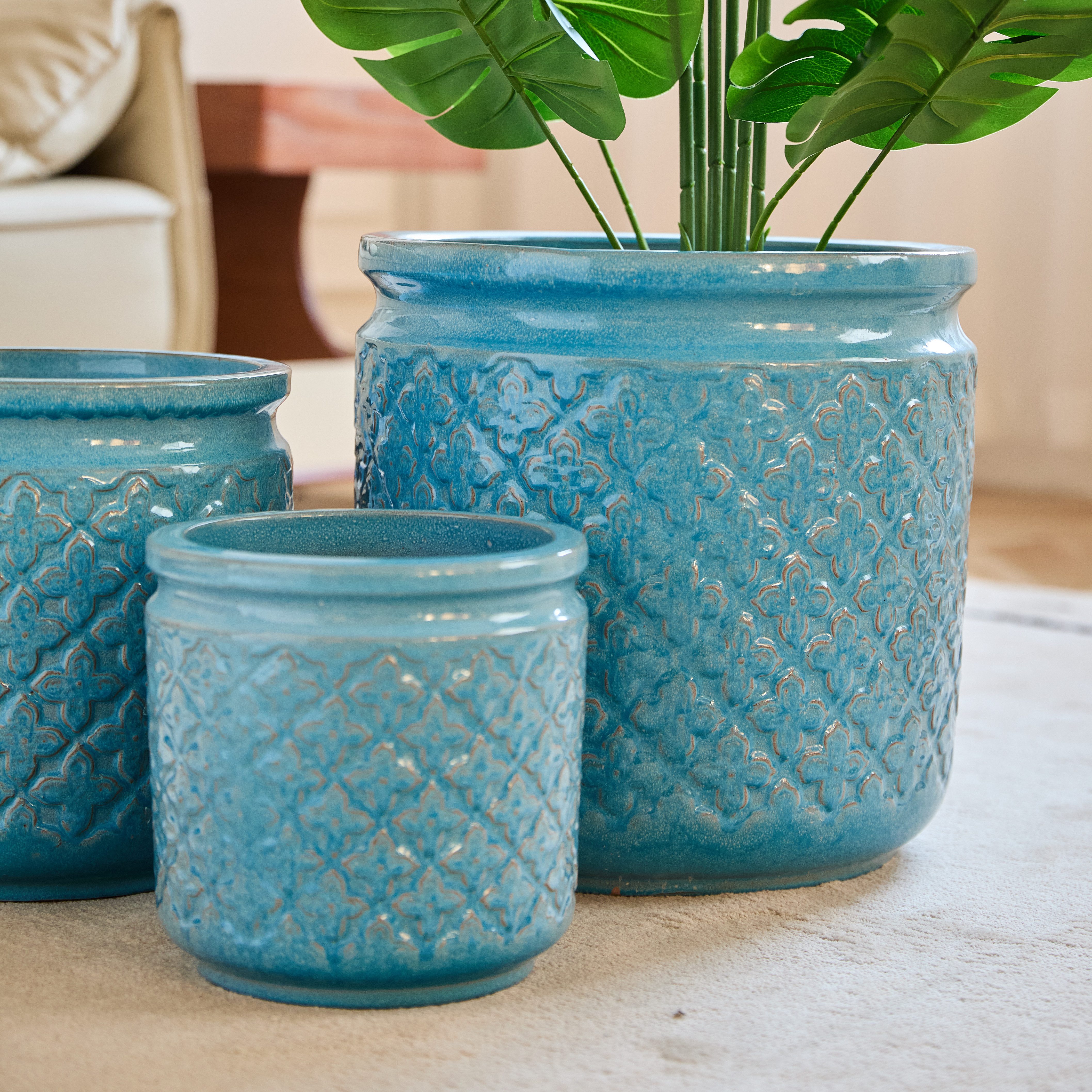 Rolipo Blumentopf großes Keramikpflanztopf-Set, Frost&hitzebeständig mit Ablaufloch (3 St., Gartendekoration), Ablaufloch, Antik-Blau glänzend, Geometrie-Muster für Innen & Außen