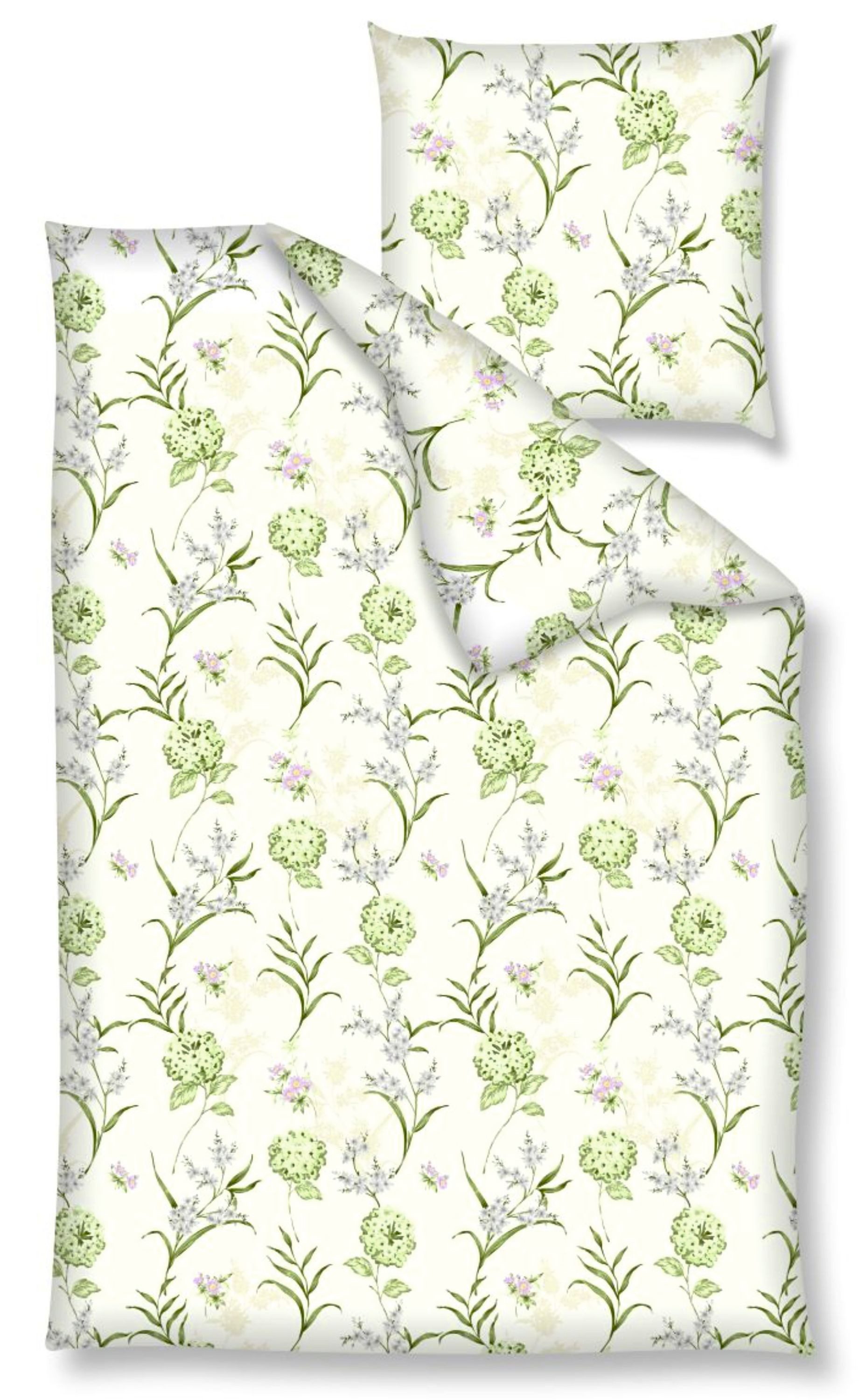 Bettwäsche Baumwolle, Traumschloss, Renforcé, 2 teilig, Blumenwiese, grün, weißer Hintergrund