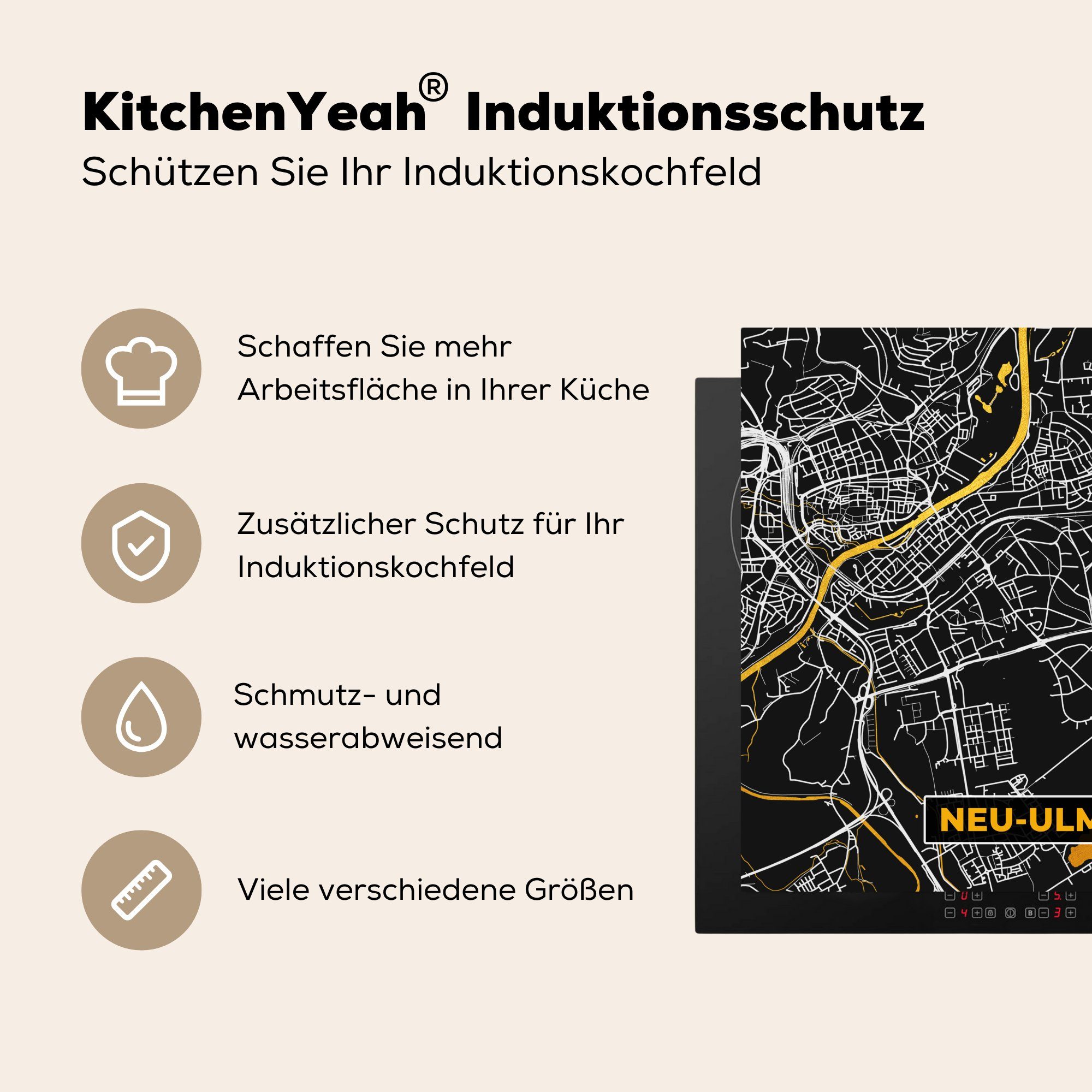 MuchoWow Herdblende-/Abdeckplatte Stadtplan - Deutschland cm, Karte, Ceranfeldabdeckung, - küche Ulm Gold (1 Neu - 78x78 tlg), Arbeitsplatte für Vinyl, 