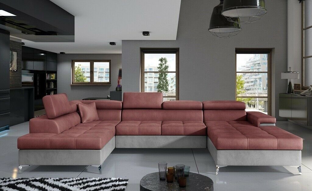 JVmoebel Ecksofa, Stoff U-Form Couch Wohnlandschaft Ecksofa Design Modern Sofa Modern Rosa/Grau | Ecksofas