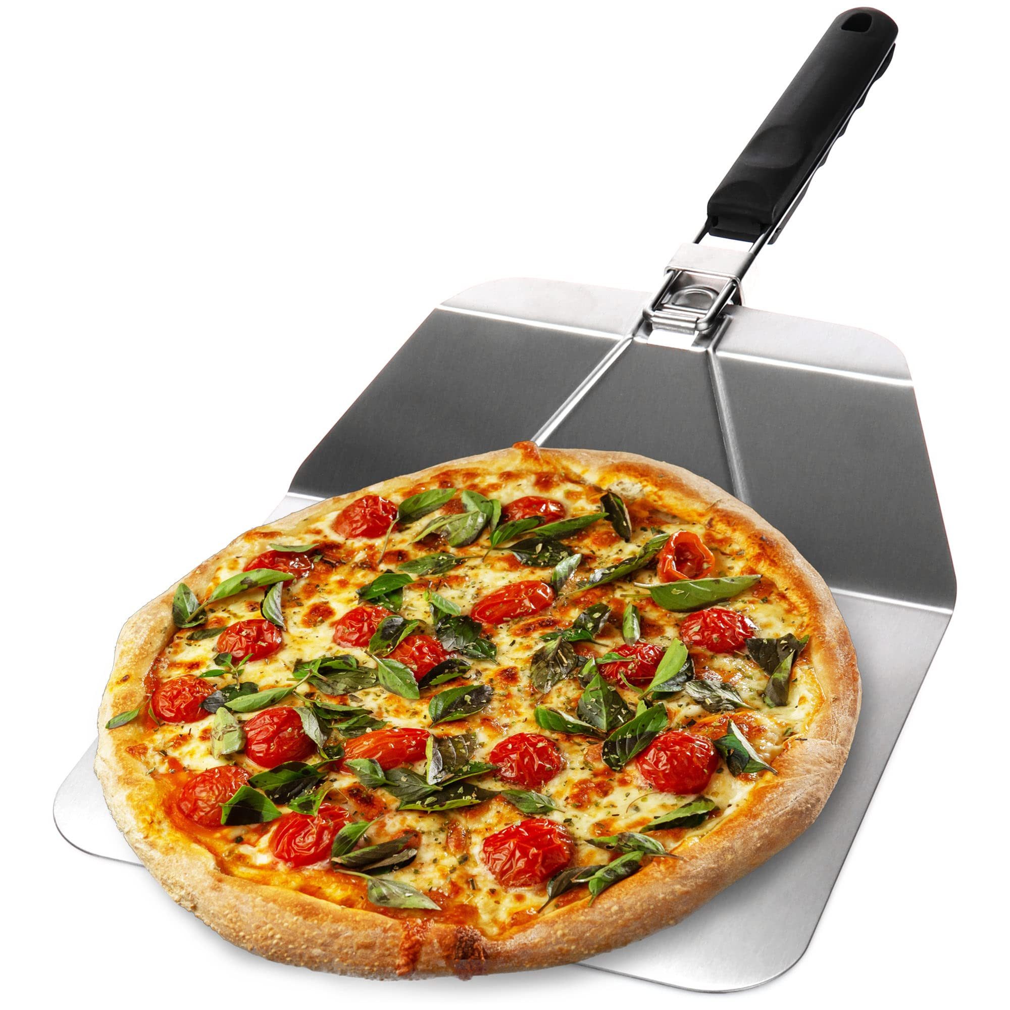 com-four Pizzaschieber Pizzaschaufel aus rostfreiem Edelstahl, Pizza- und Kuchenheber mit klappbaren Griff