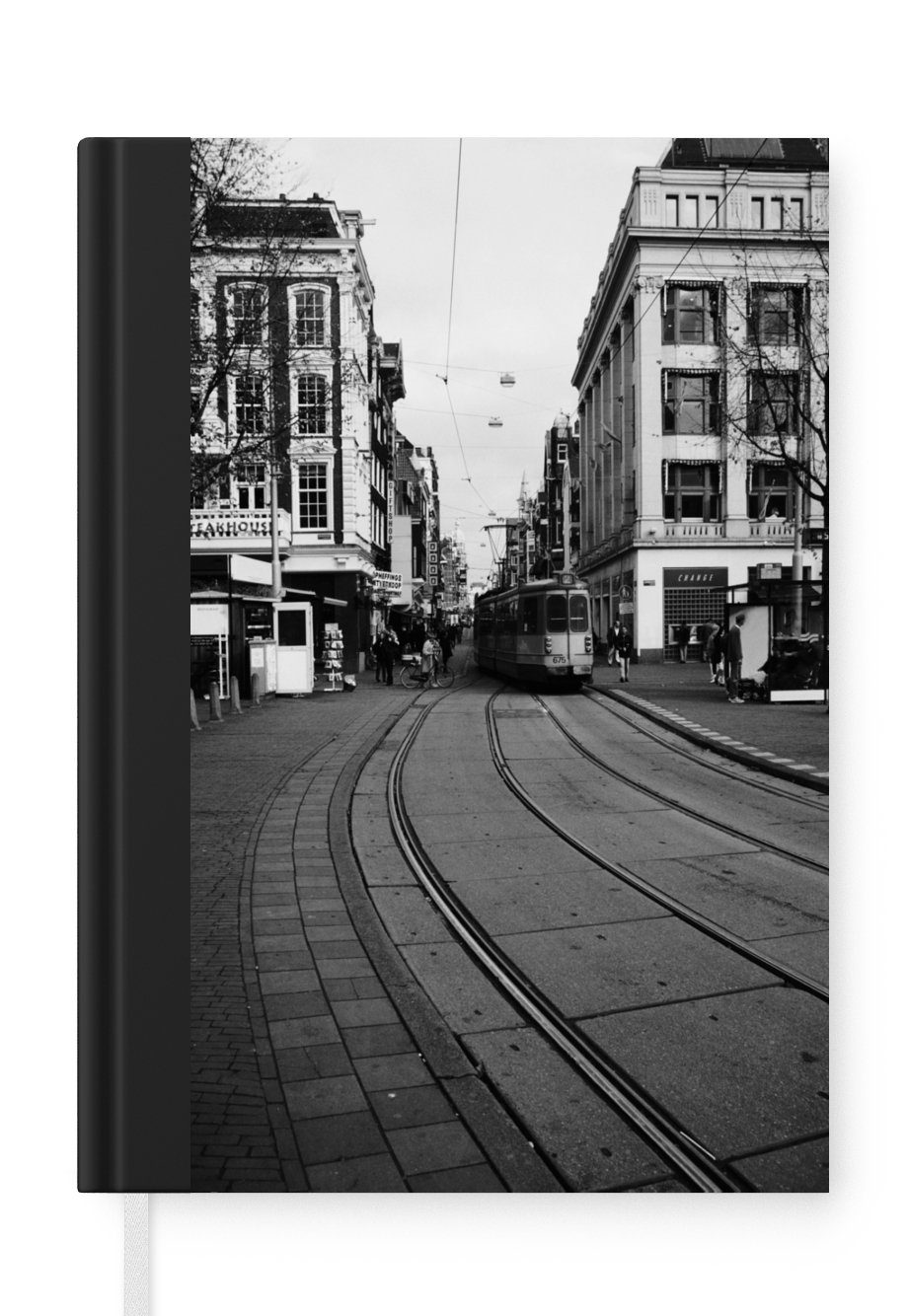 MuchoWow Notizbuch Amsterdamer Straßenbahn - schwarz und weiß, Journal, Merkzettel, Tagebuch, Notizheft, A5, 98 Seiten, Haushaltsbuch