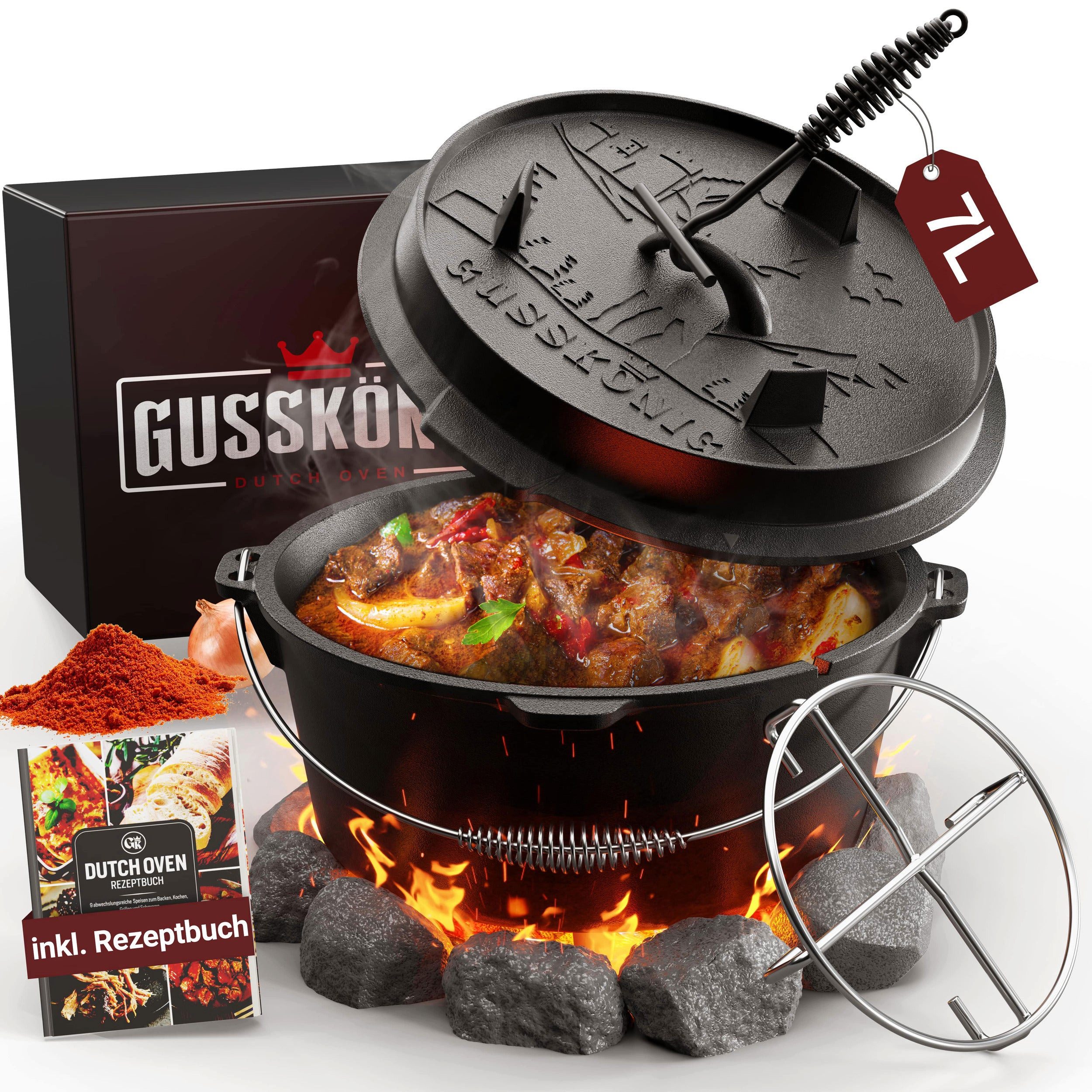 GUSSKÖNIG Grilltopf GUSSKÖNIG Dutch Oven Set 7 Liter Feuertopf Deckelheber Untersetzer