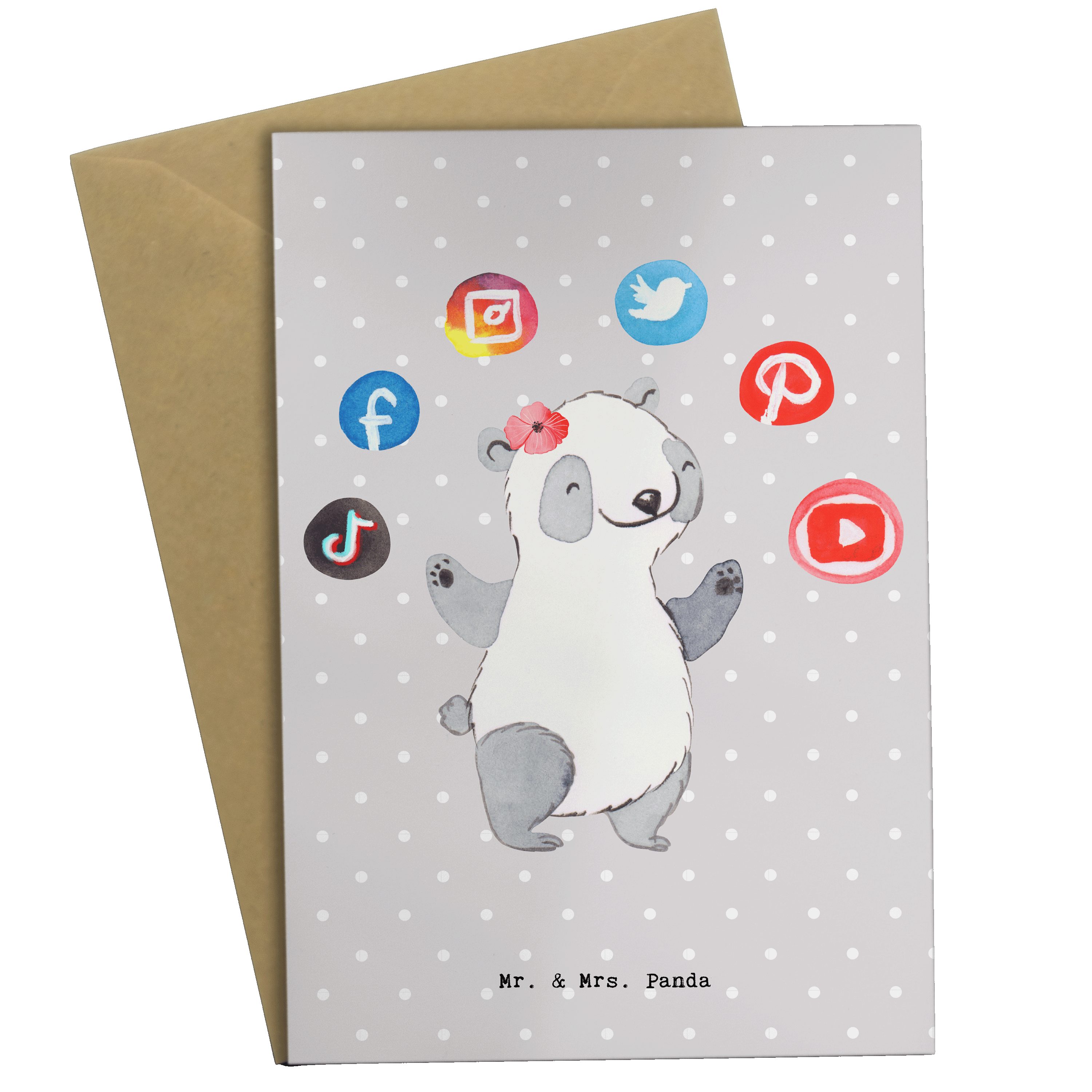 Mr. & Mrs. Panda Grußkarte SEO Manager Herz - Grau Pastell - Geschenk, Karte, Digital Marketing, Einzigartige Motive